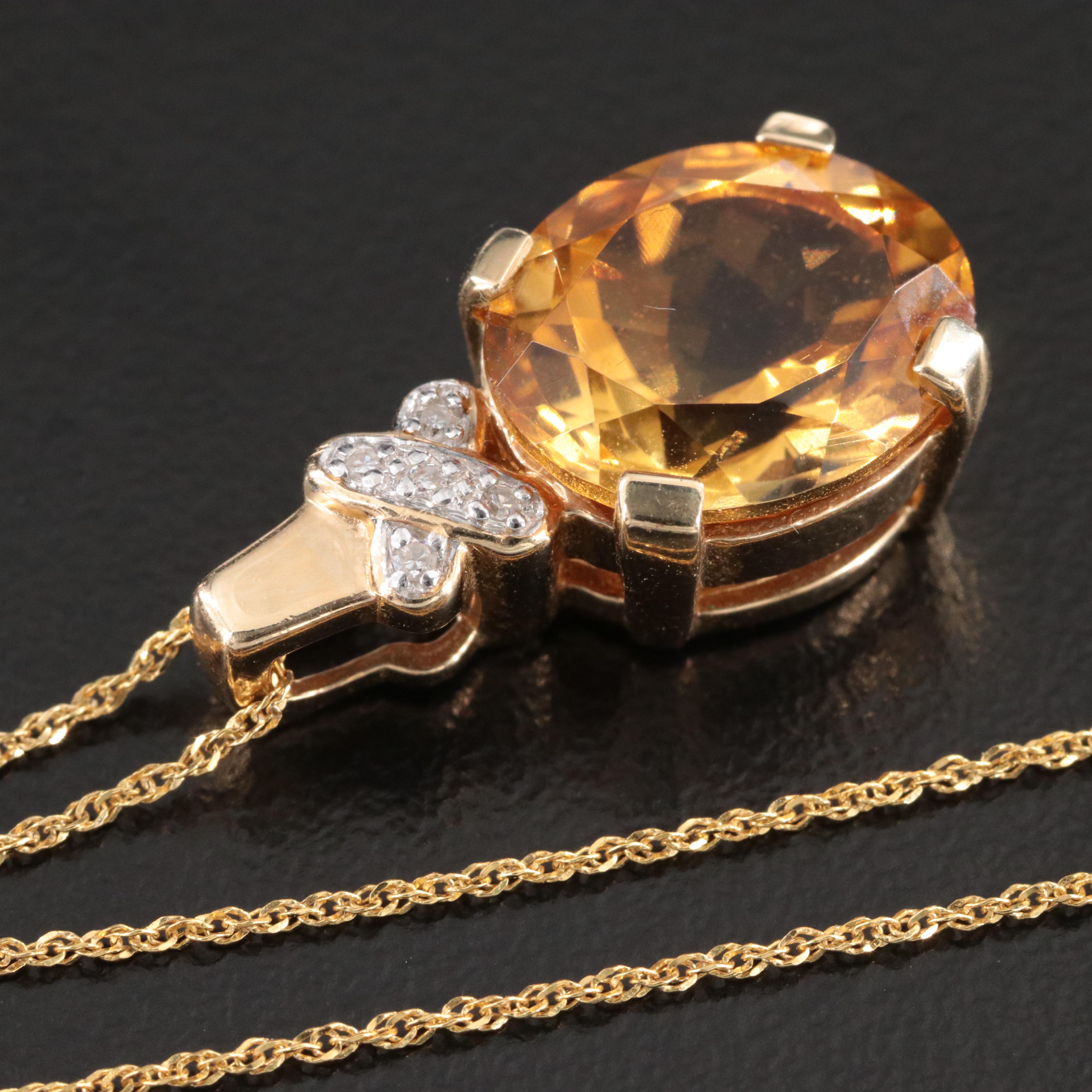 10K Citrine and Diamond Pendant on 14K Chain Necklace
