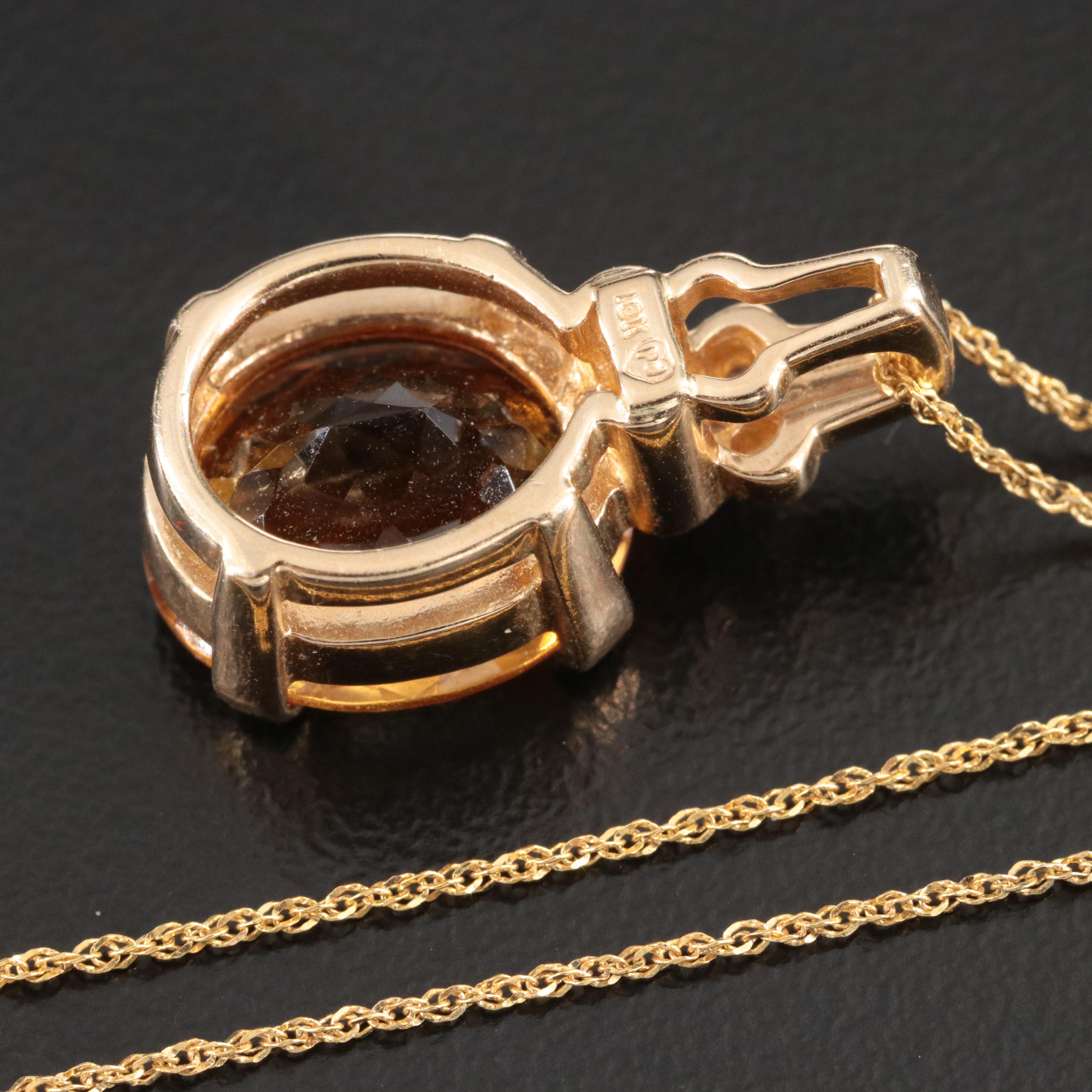 10K Citrine and Diamond Pendant on 14K Chain Necklace