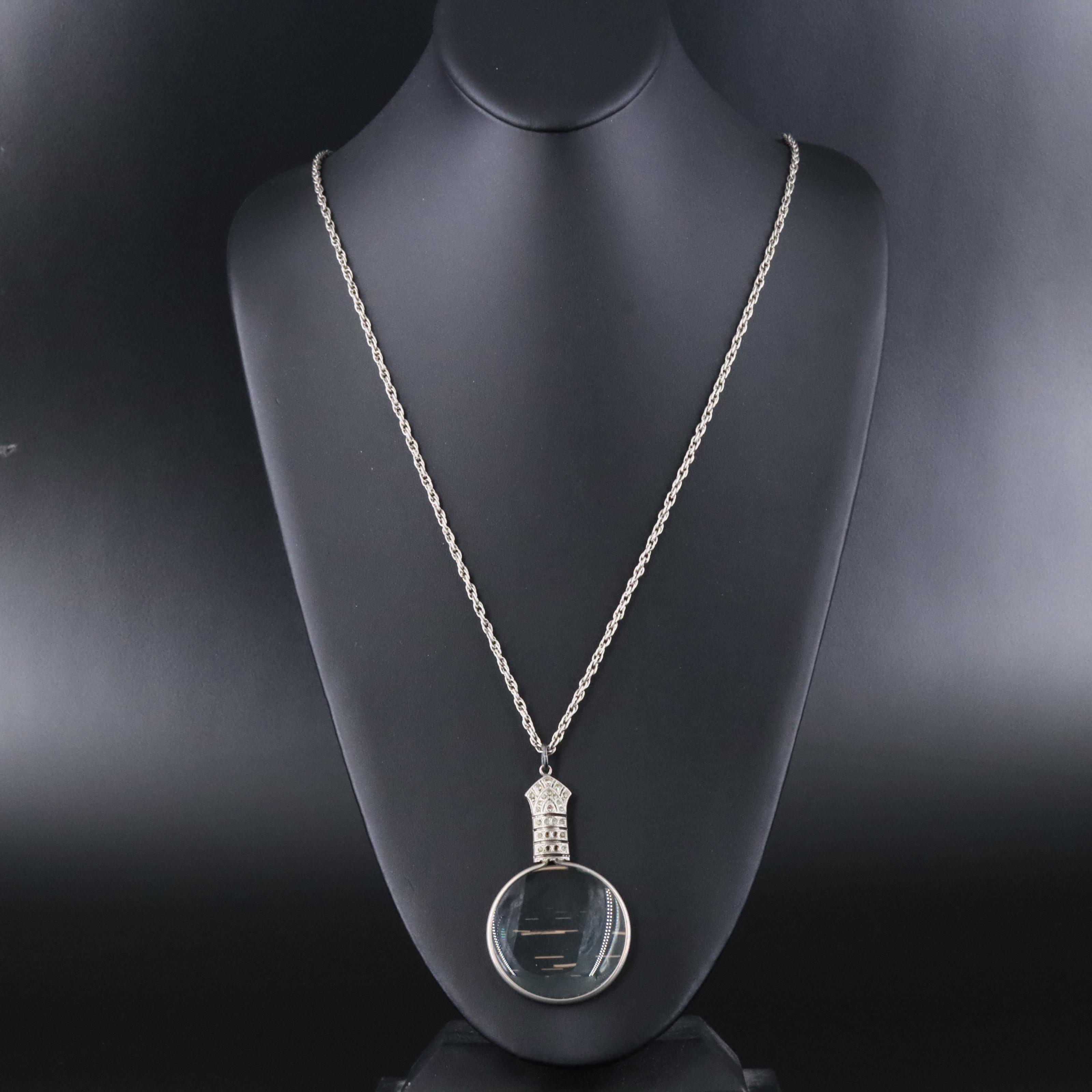 Magnifying Glass and Rhinestone Pendant Necklace