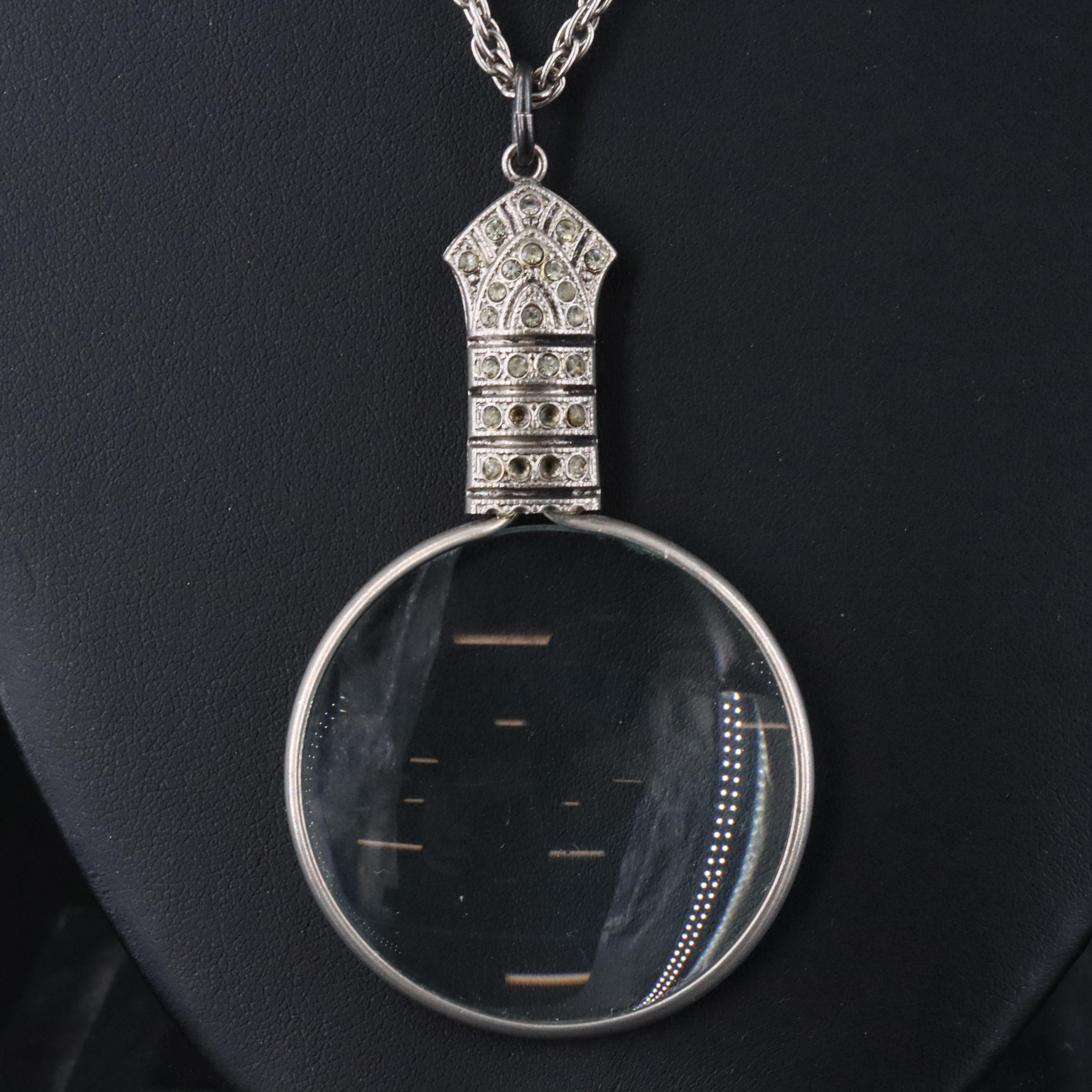 Magnifying Glass and Rhinestone Pendant Necklace