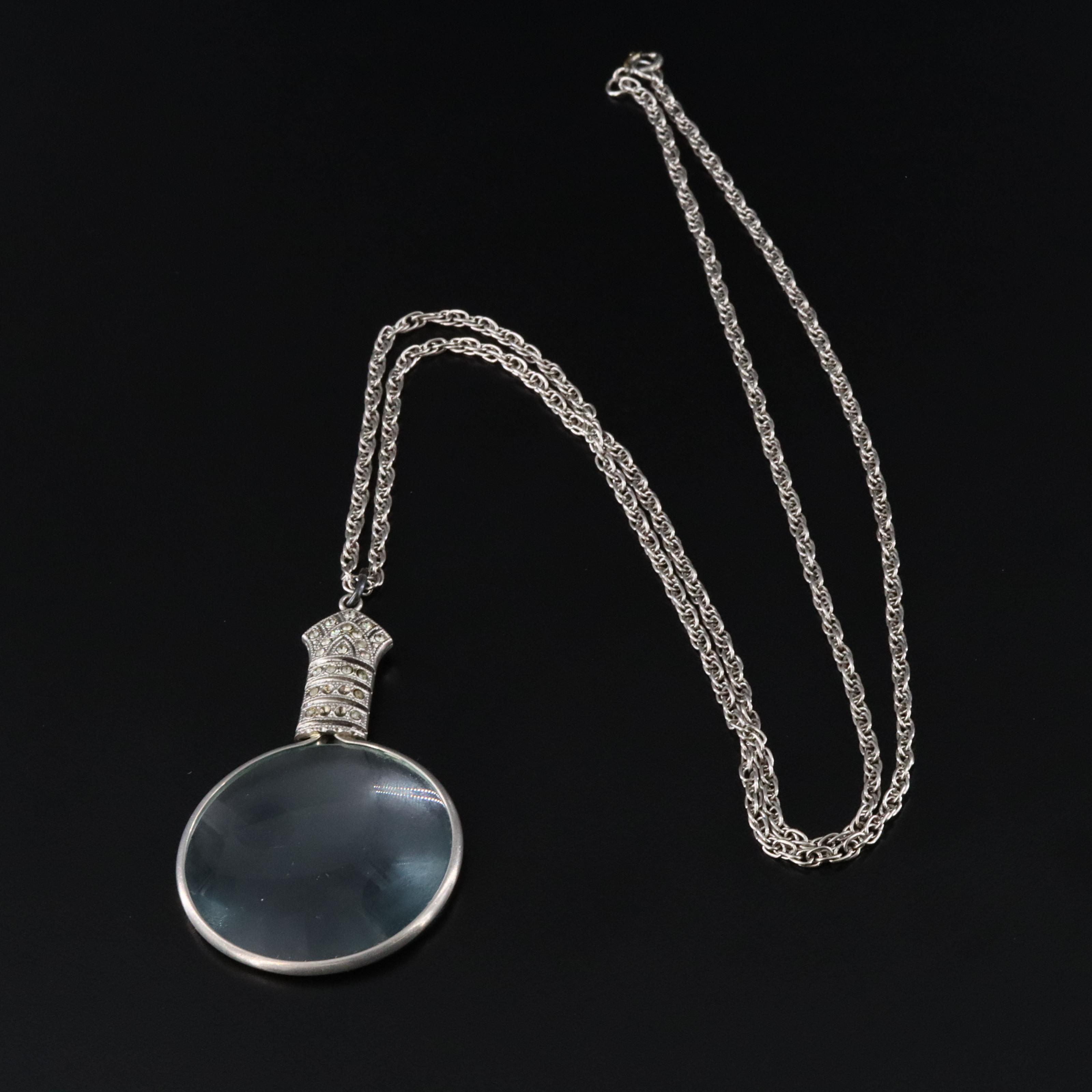 Magnifying Glass and Rhinestone Pendant Necklace