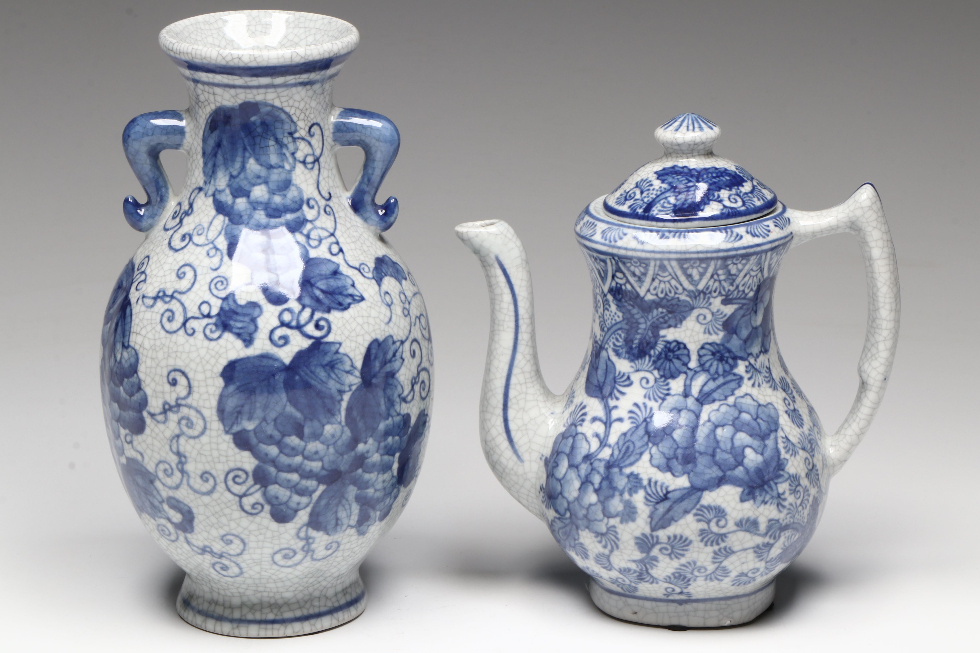 Chinese Floral Blue and White Porcelain Berry Bowl and Teapot with Vase