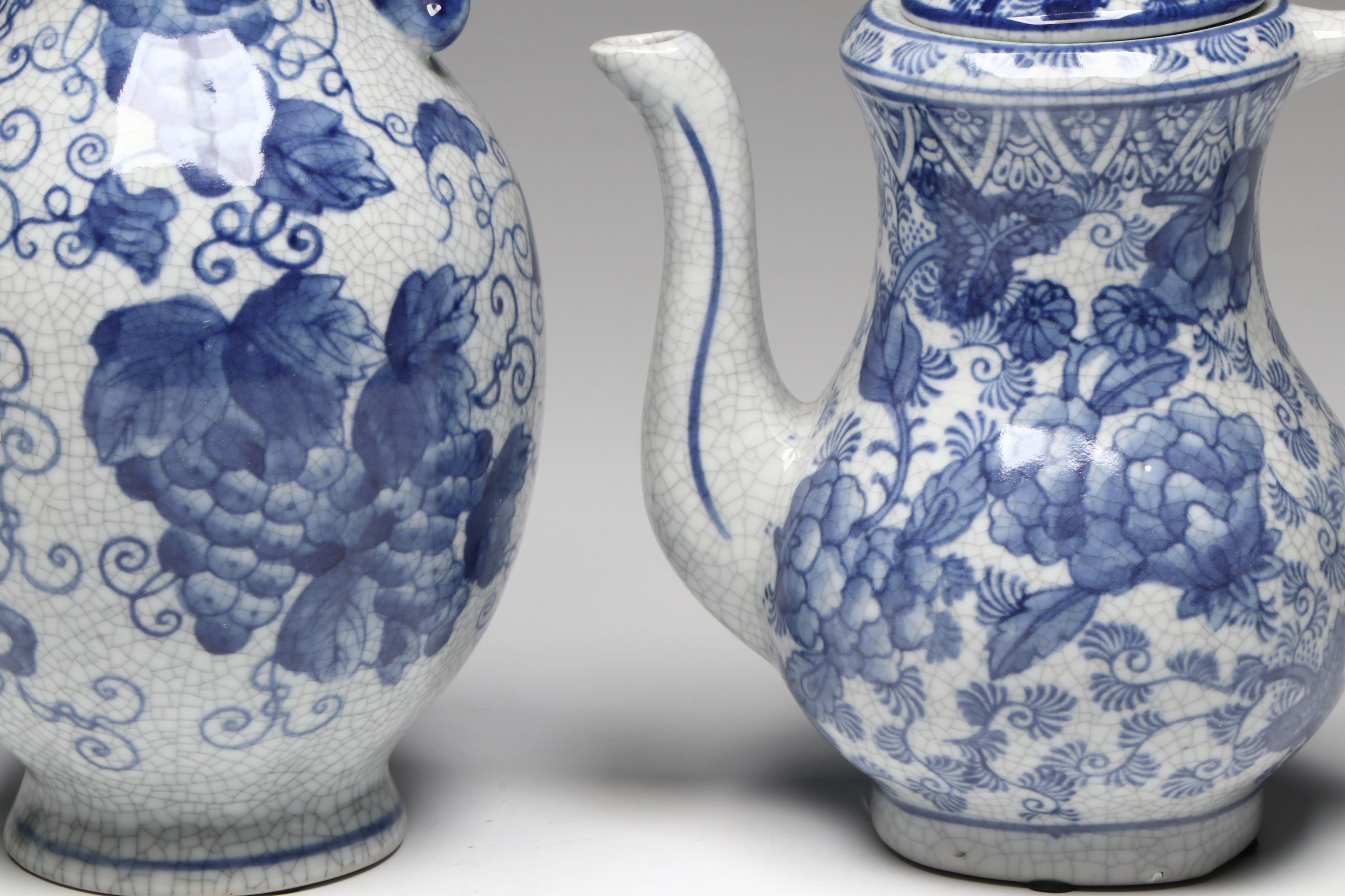 Chinese Floral Blue and White Porcelain Berry Bowl and Teapot with Vase