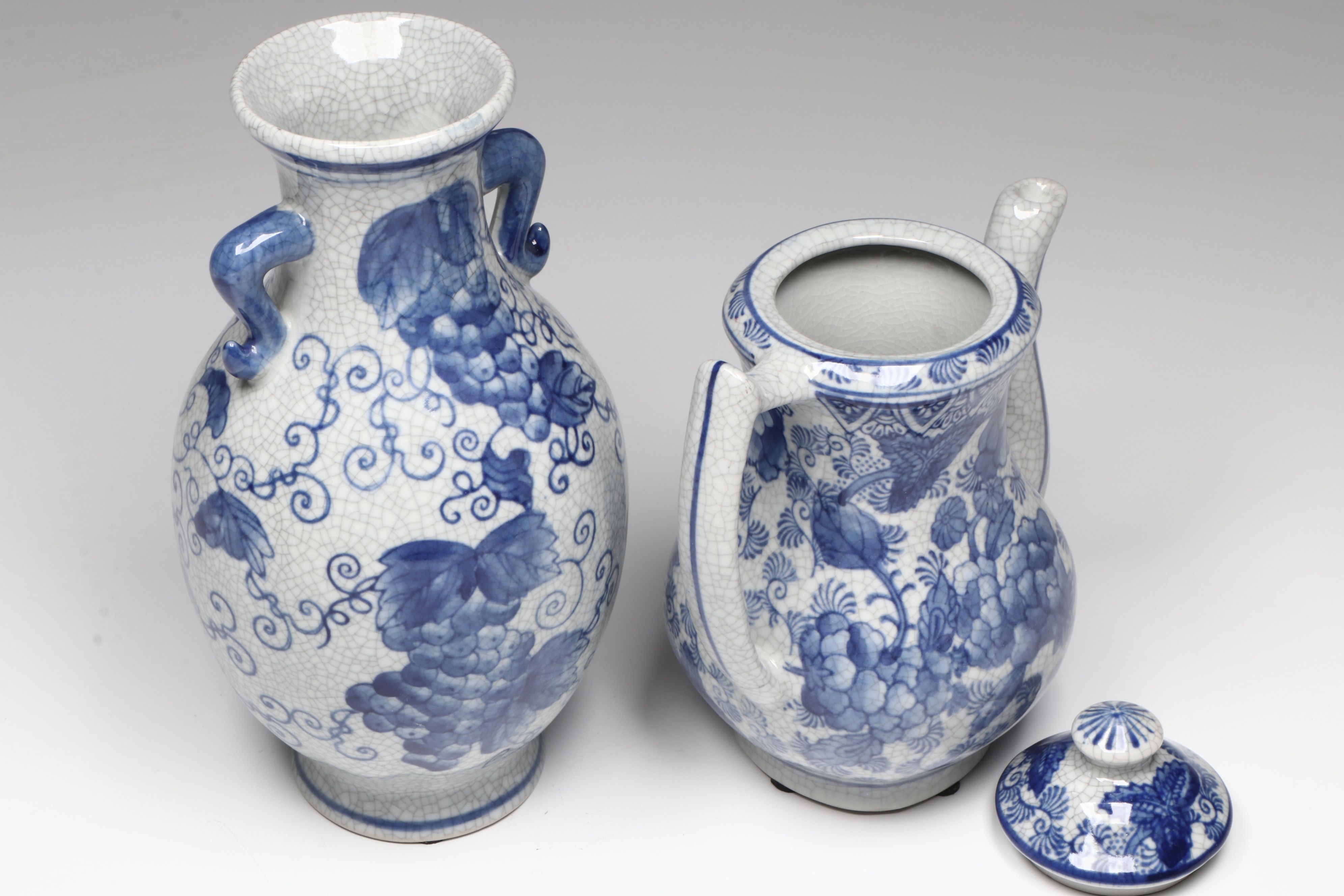 Chinese Floral Blue and White Porcelain Berry Bowl and Teapot with Vase