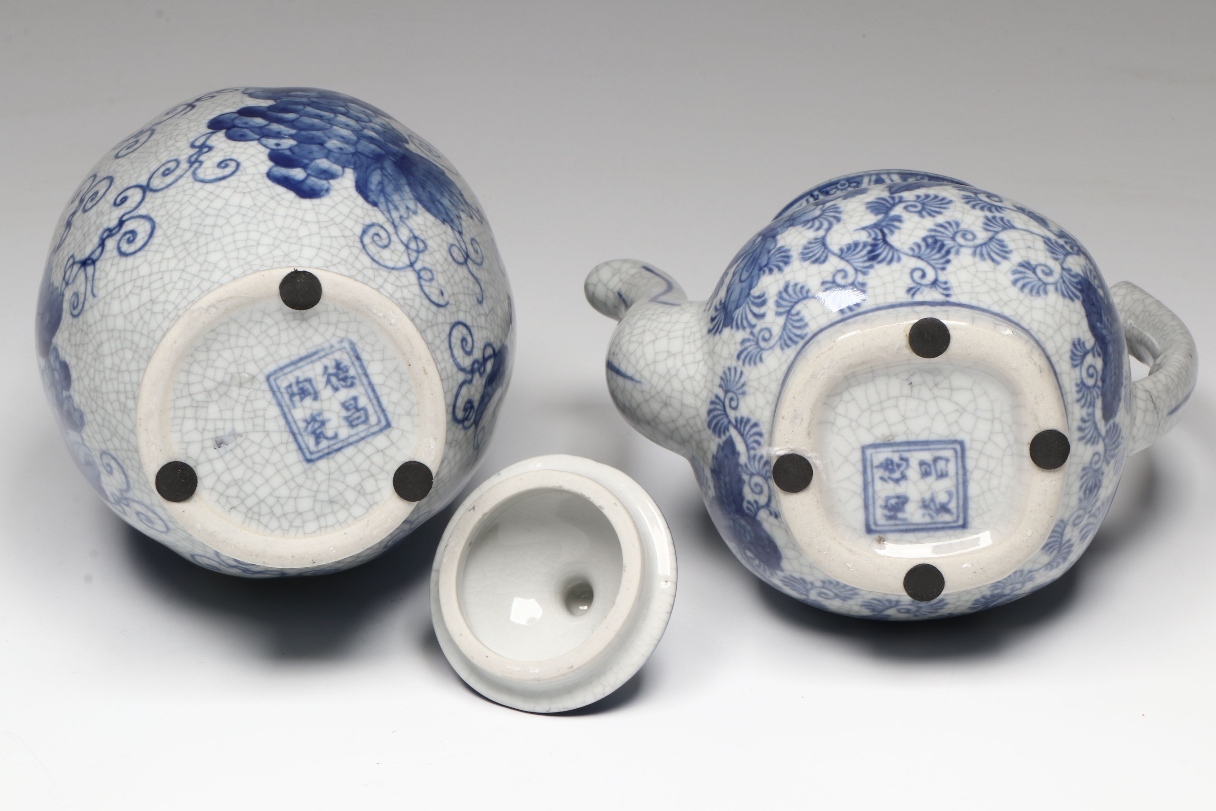 Chinese Floral Blue and White Porcelain Berry Bowl and Teapot with Vase