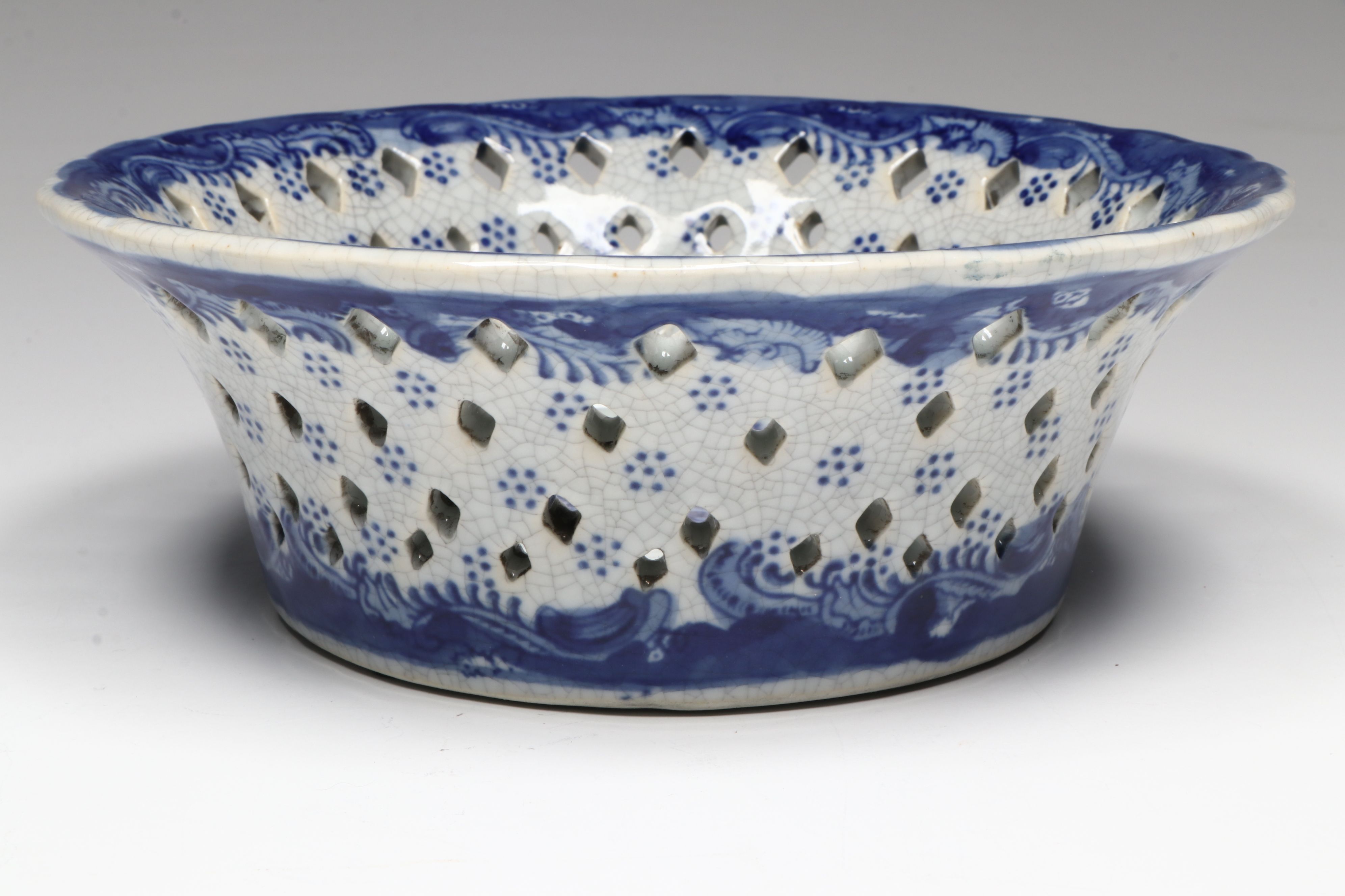 Chinese Floral Blue and White Porcelain Berry Bowl and Teapot with Vase