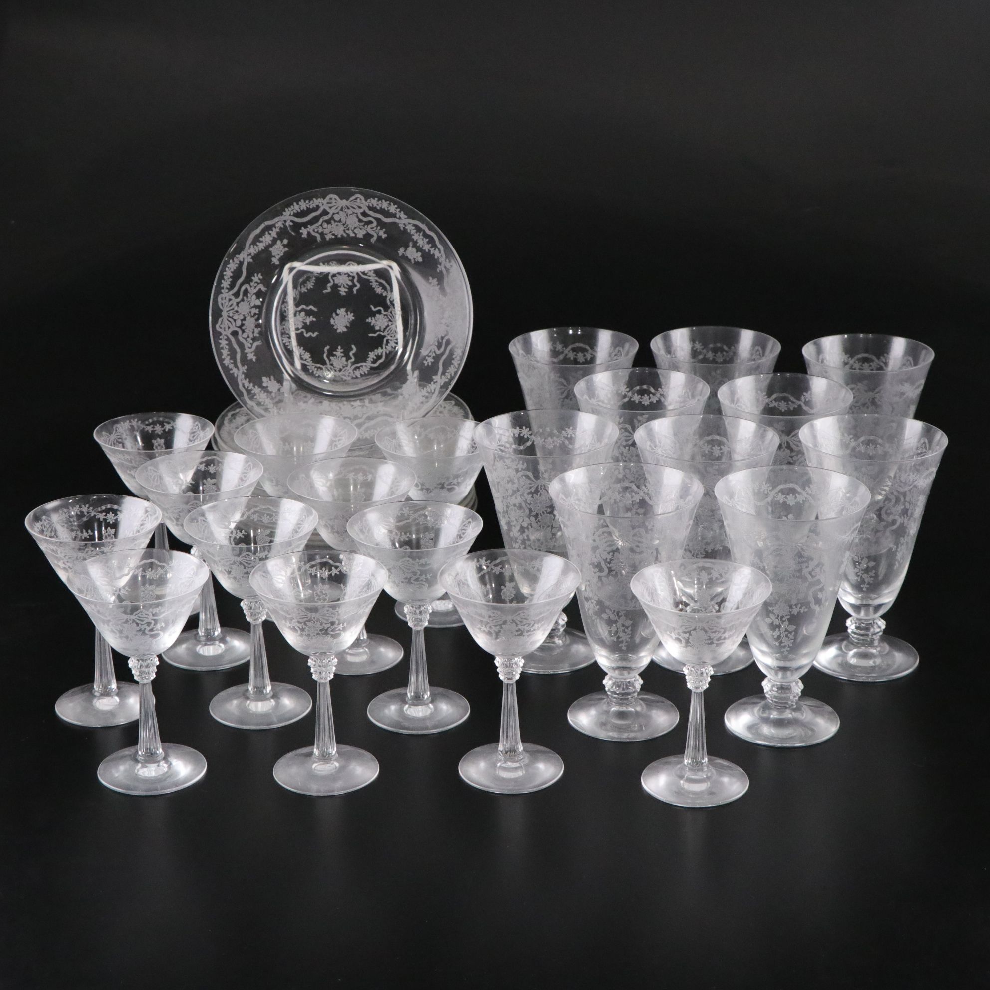 Fostoria "Romance" Juice & Cocktail Glasses with Salad Plates