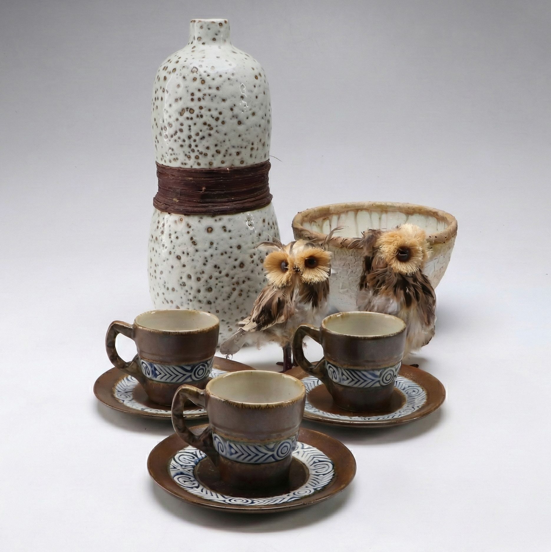 Rustic Japanese Style Vase and Bowl with French Quimper Teacup Set and Owls