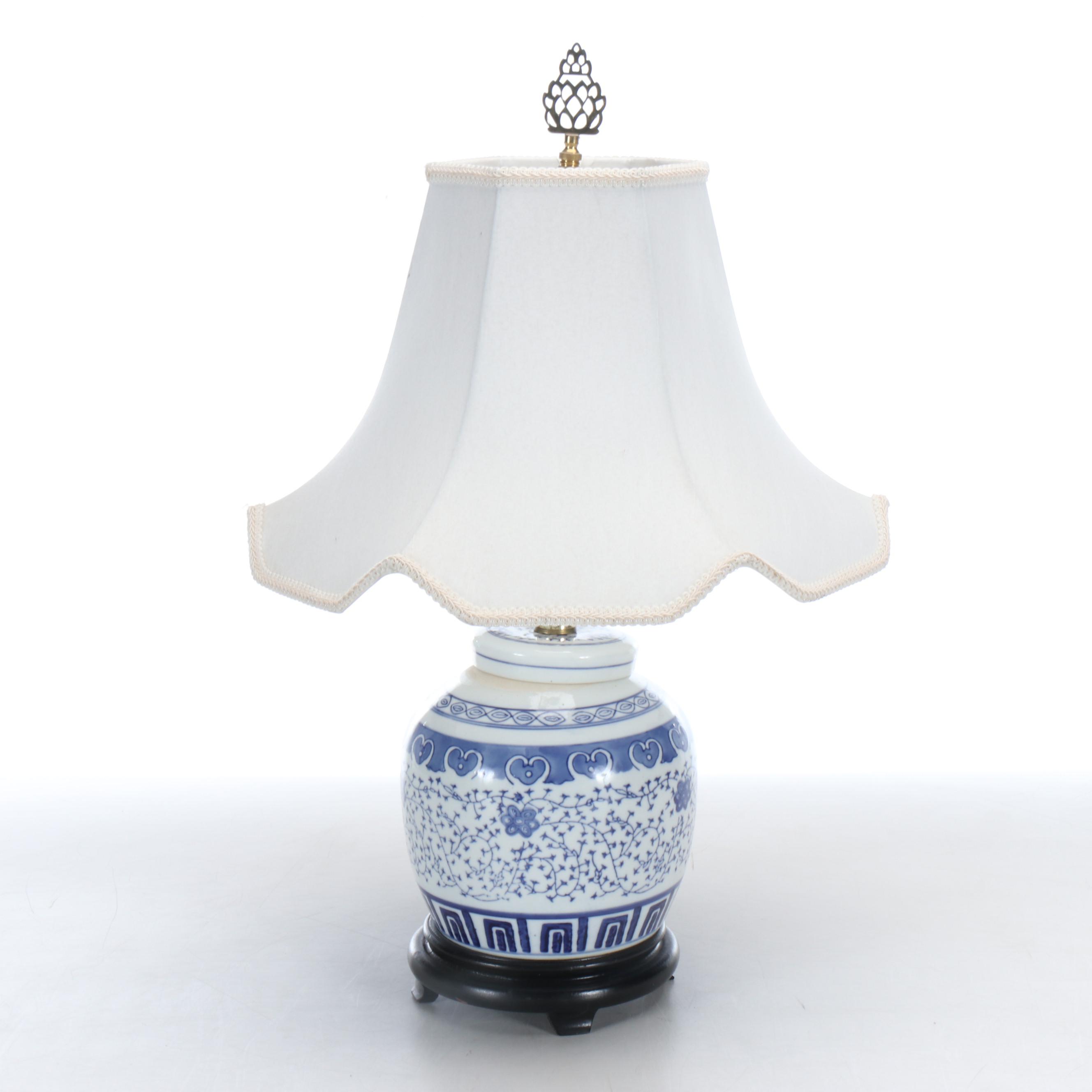 Chinese Floral Blue and White Porcelain Ginger Jar Table Lamp with Bell Shade