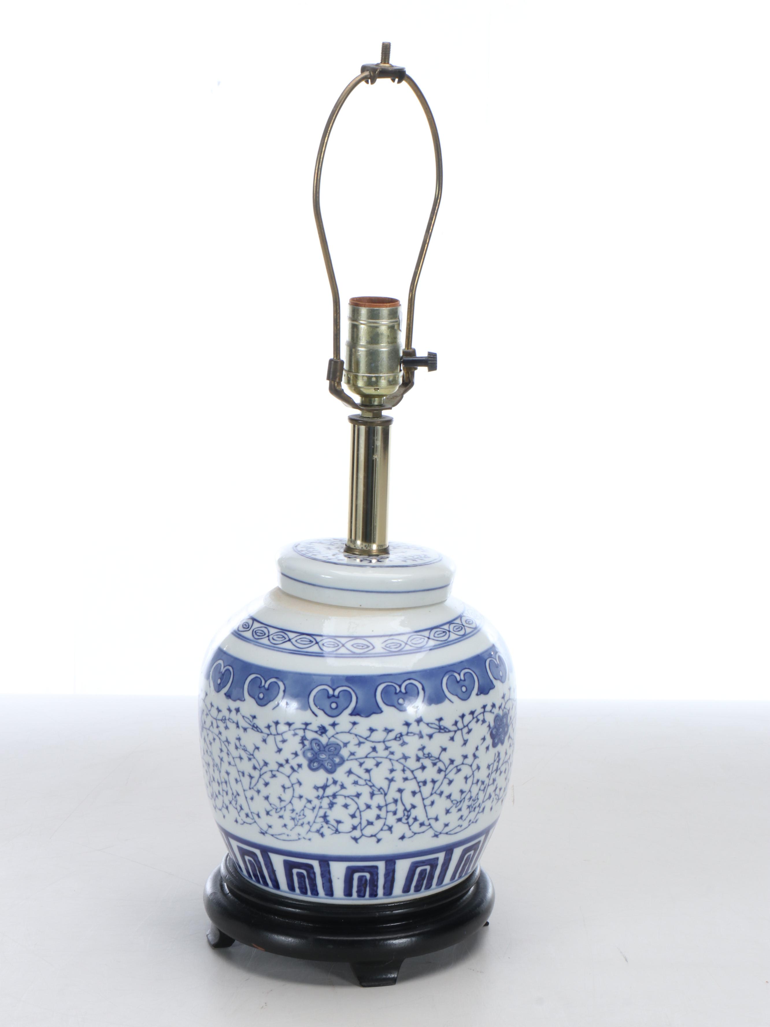 Chinese Floral Blue and White Porcelain Ginger Jar Table Lamp with Bell Shade
