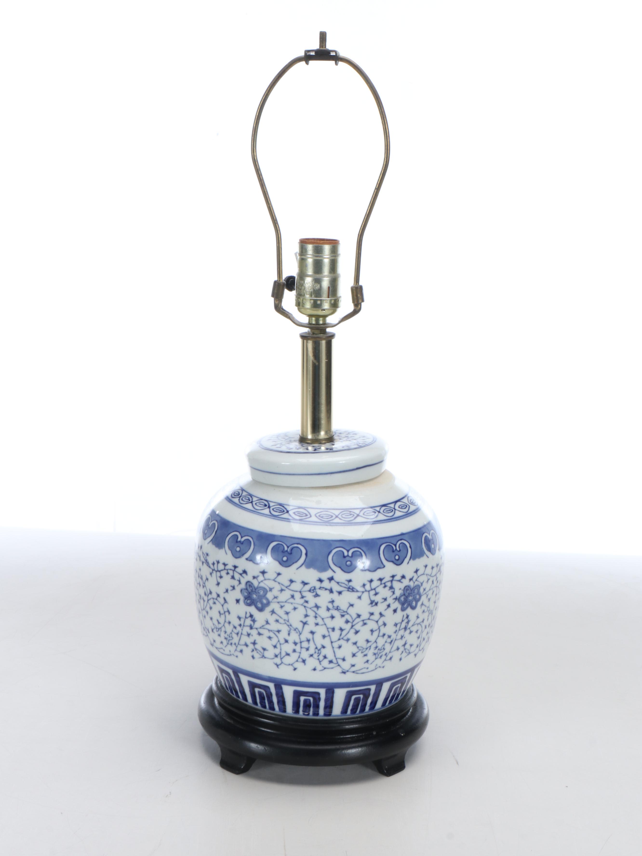 Chinese Floral Blue and White Porcelain Ginger Jar Table Lamp with Bell Shade
