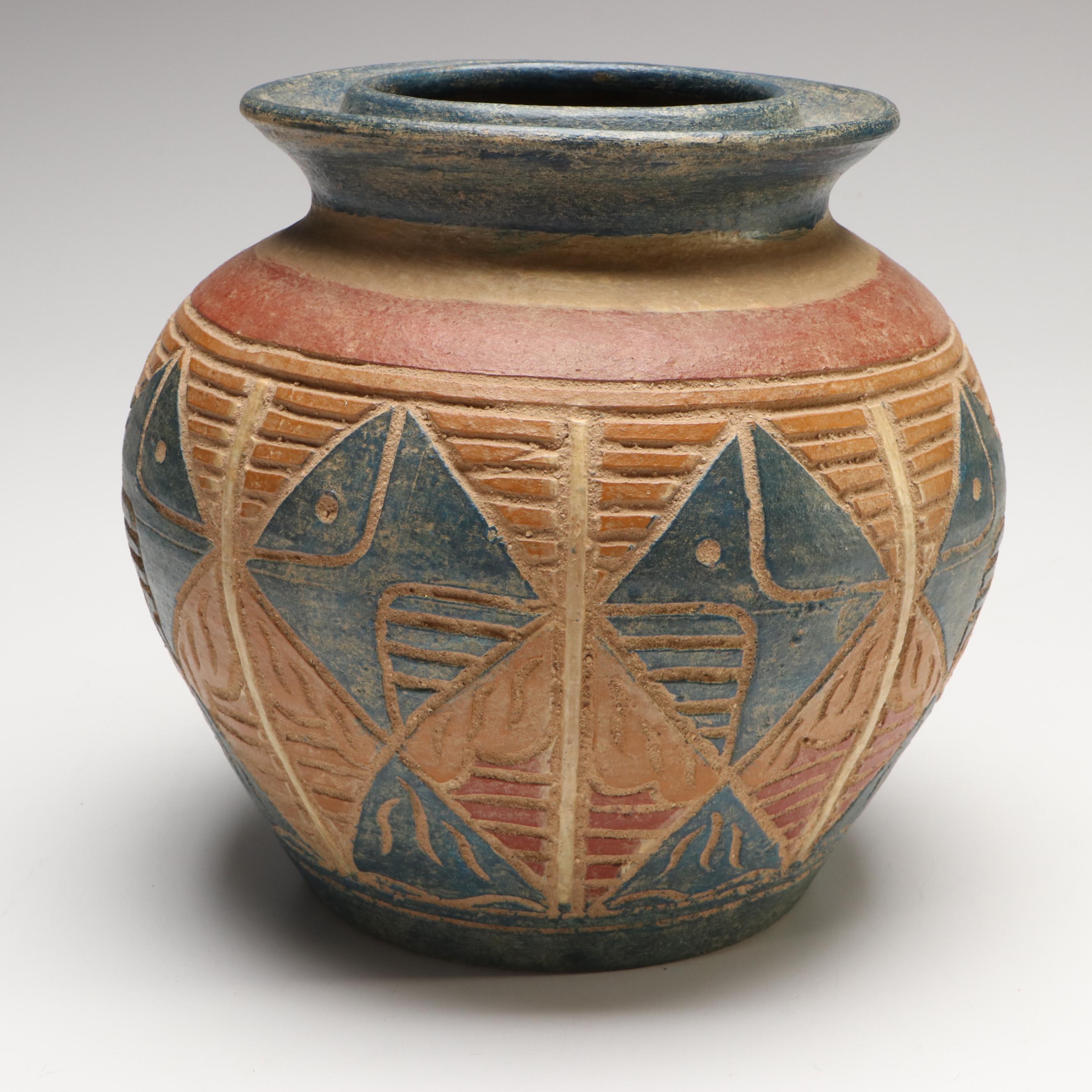 Abstract Fish Sgraffito Art Pottery Vase