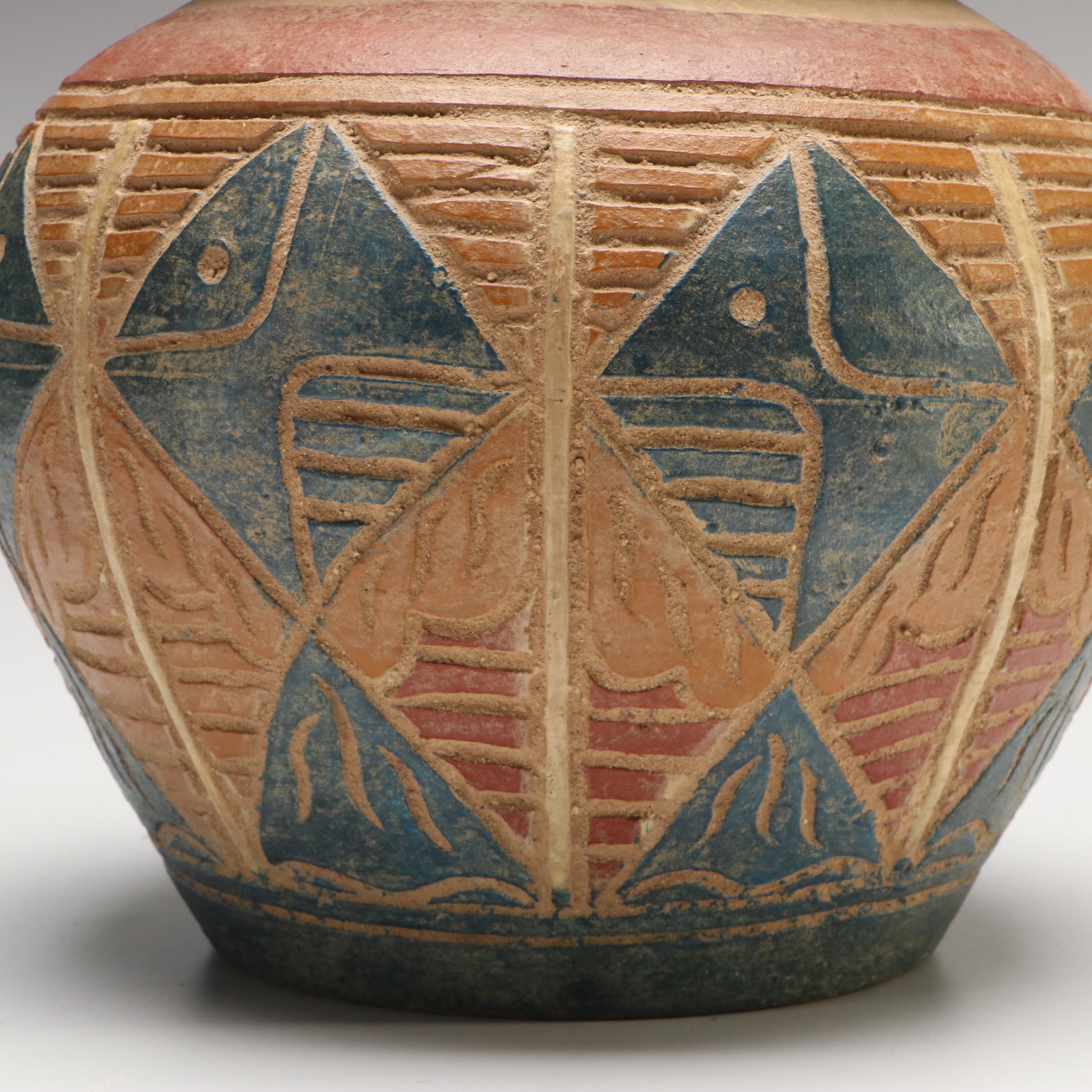 Abstract Fish Sgraffito Art Pottery Vase