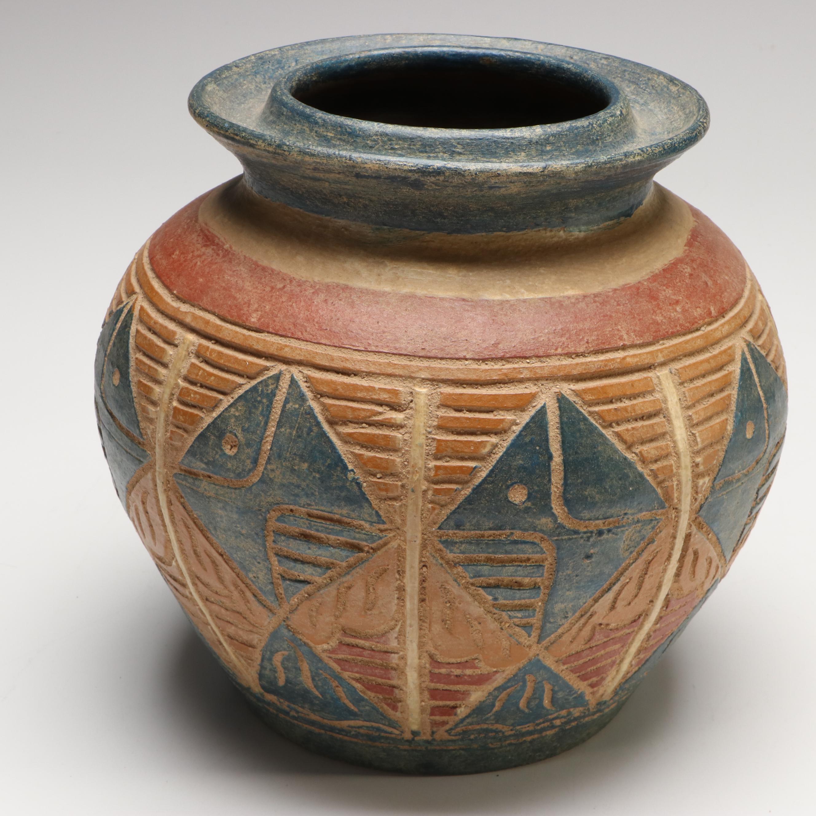 Abstract Fish Sgraffito Art Pottery Vase