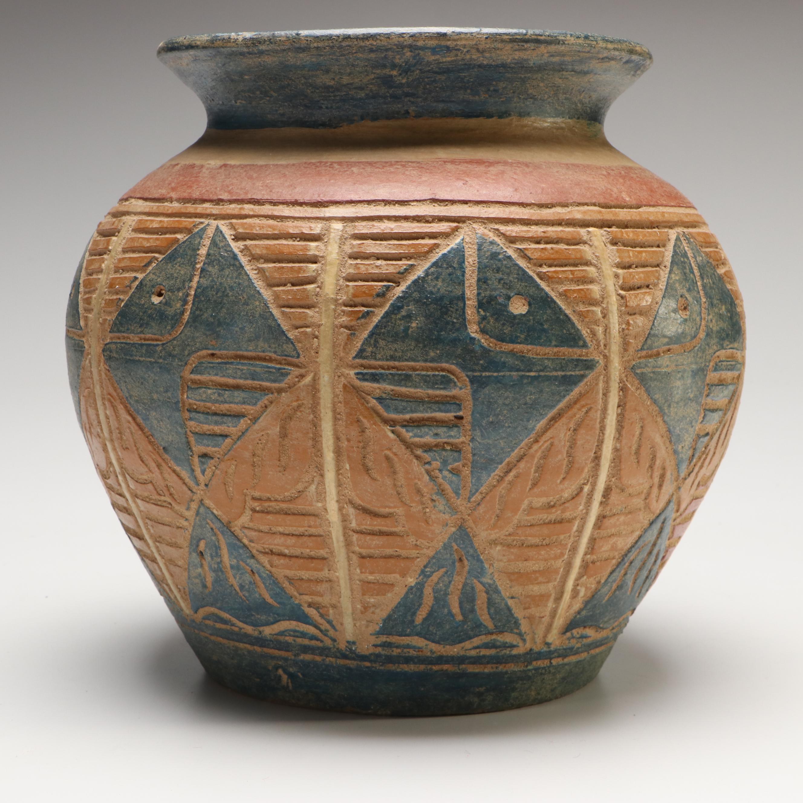 Abstract Fish Sgraffito Art Pottery Vase