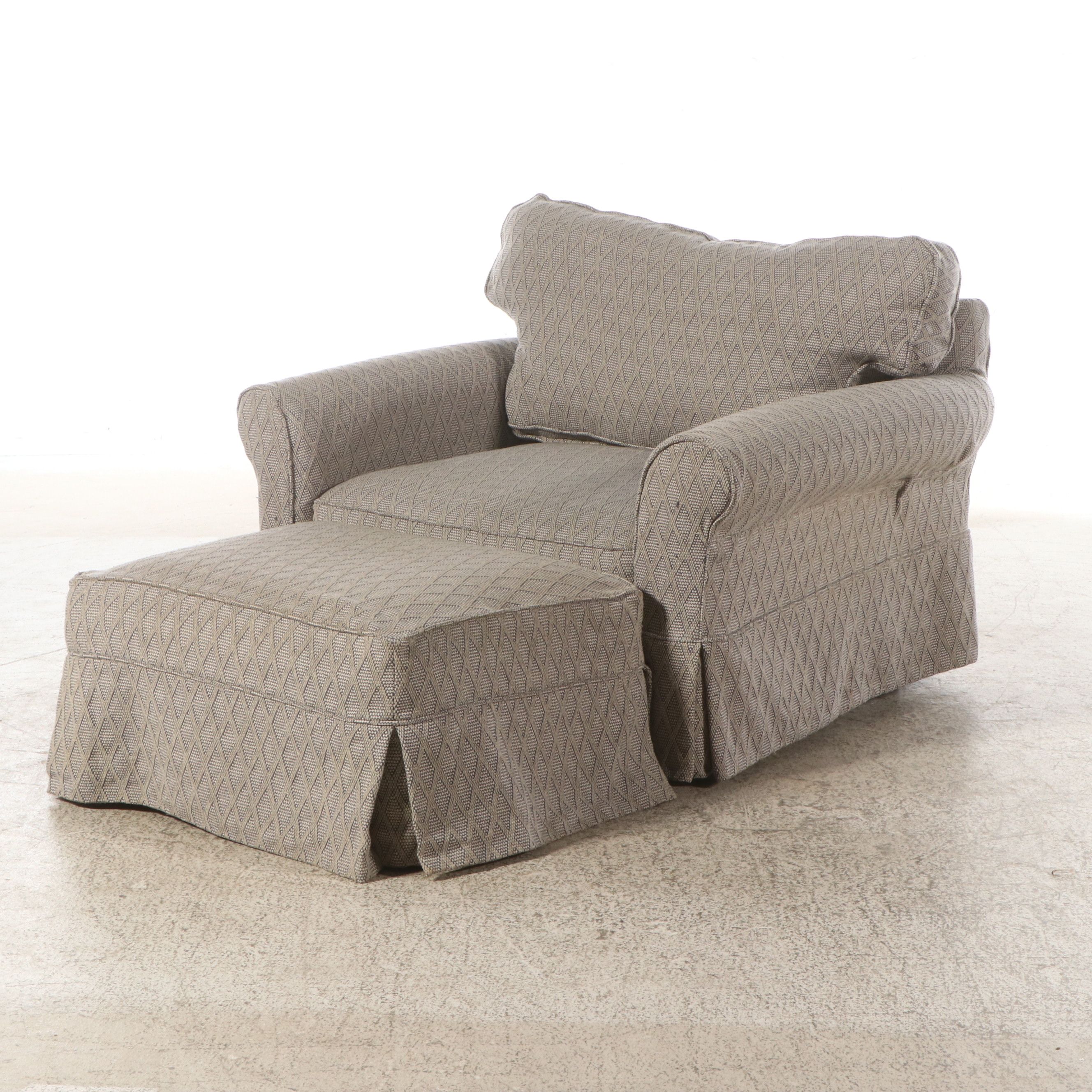Contemporary Woven Fabric Slipcovered Armchair and Ottoman