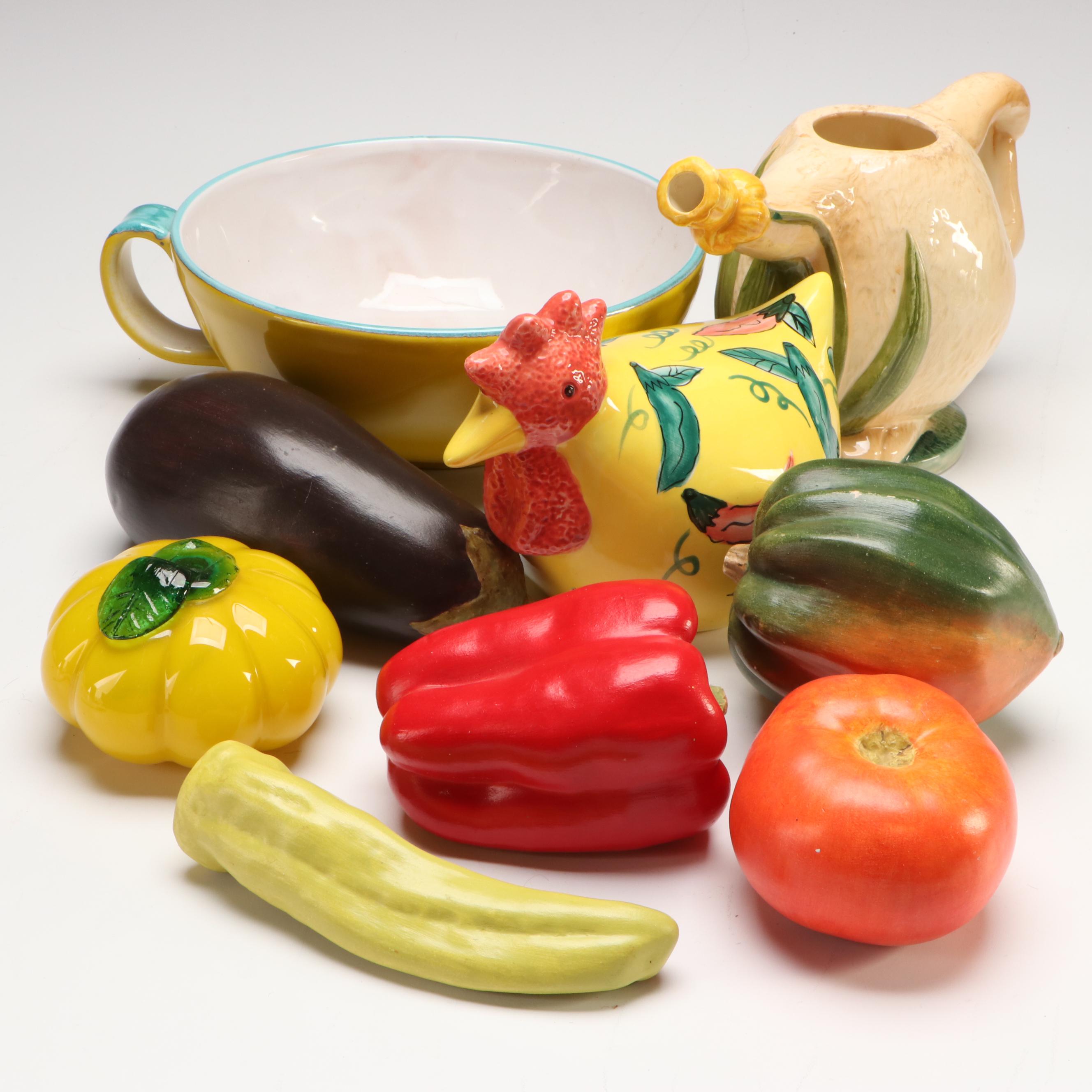Ceramic and Glass Vegetable Sculptures with Other Serveware and Table Décor