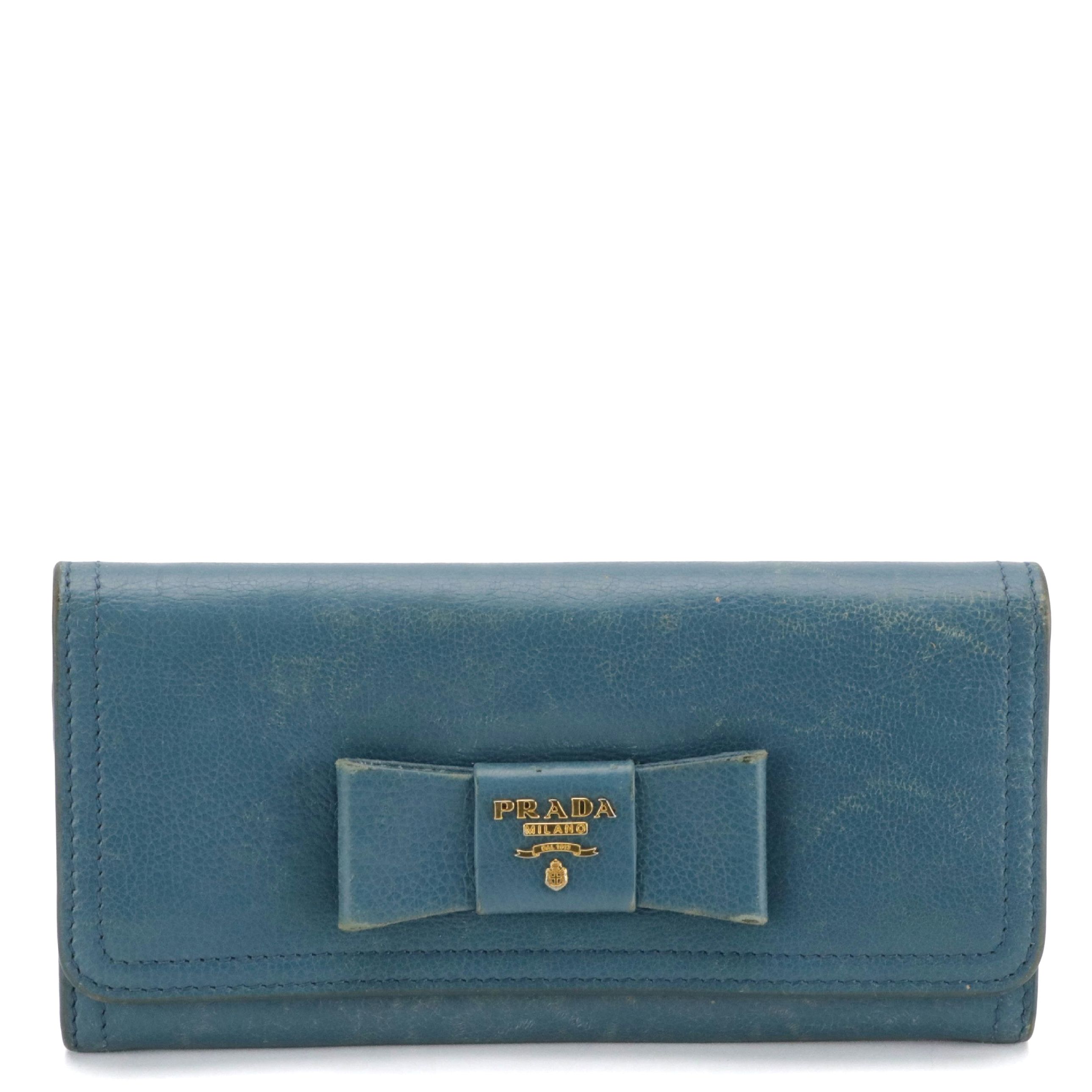 Prada Bow Long Bifold Wallet in Teal Leather