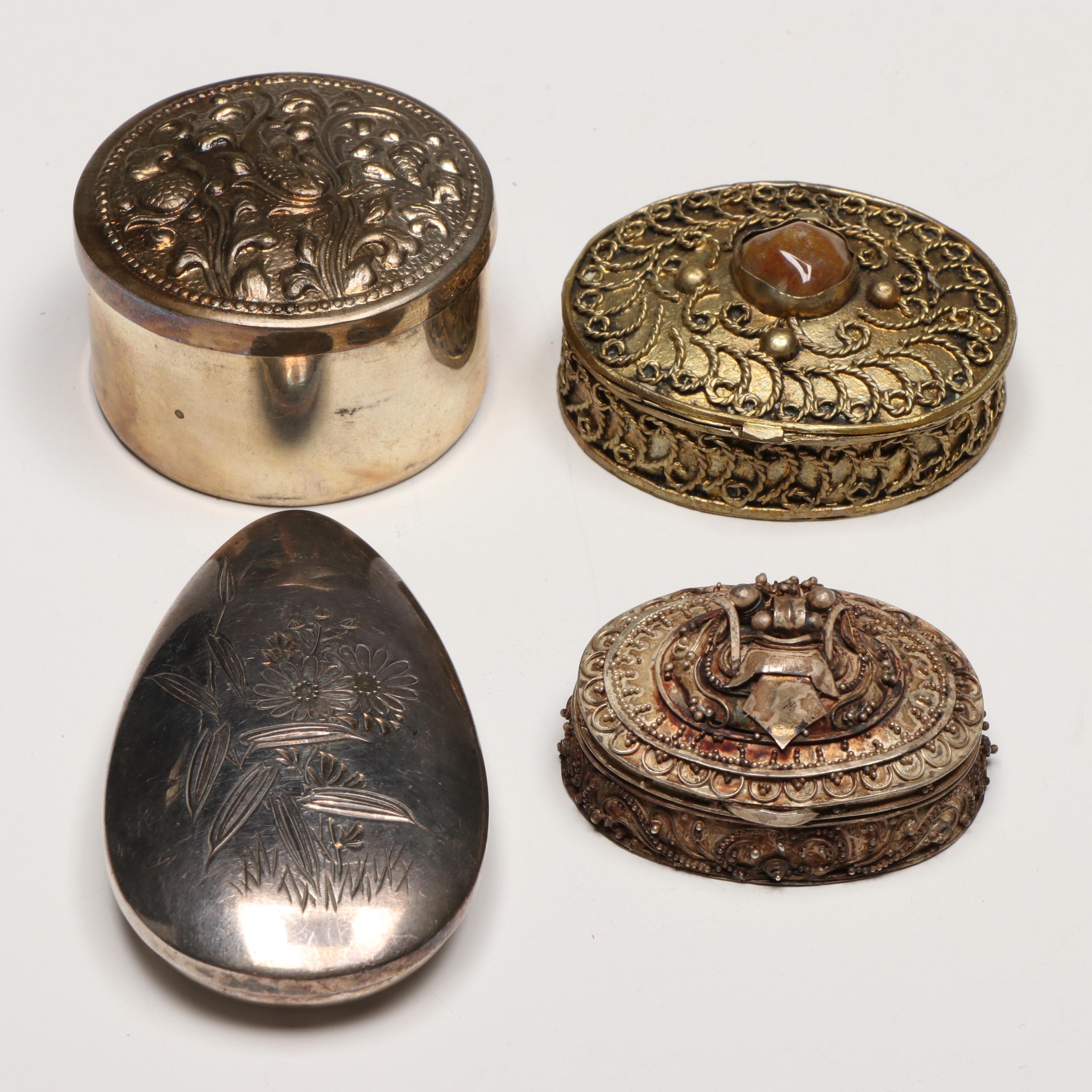 Engraved Silver Plate with Other Metal Vintage Decorative Pill Boxes