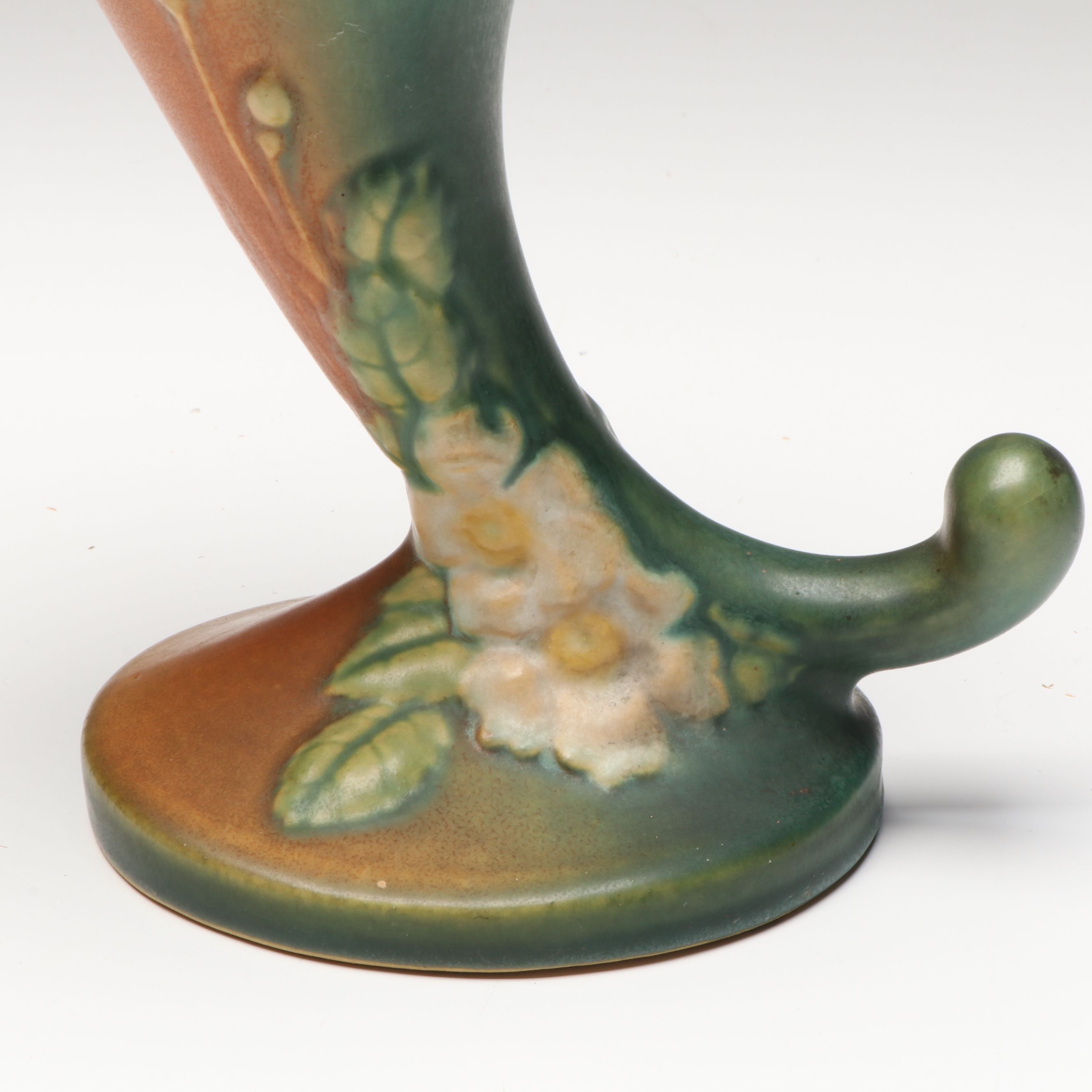 Roseville Pottery White Rose Cornucopia Ceramic Vase