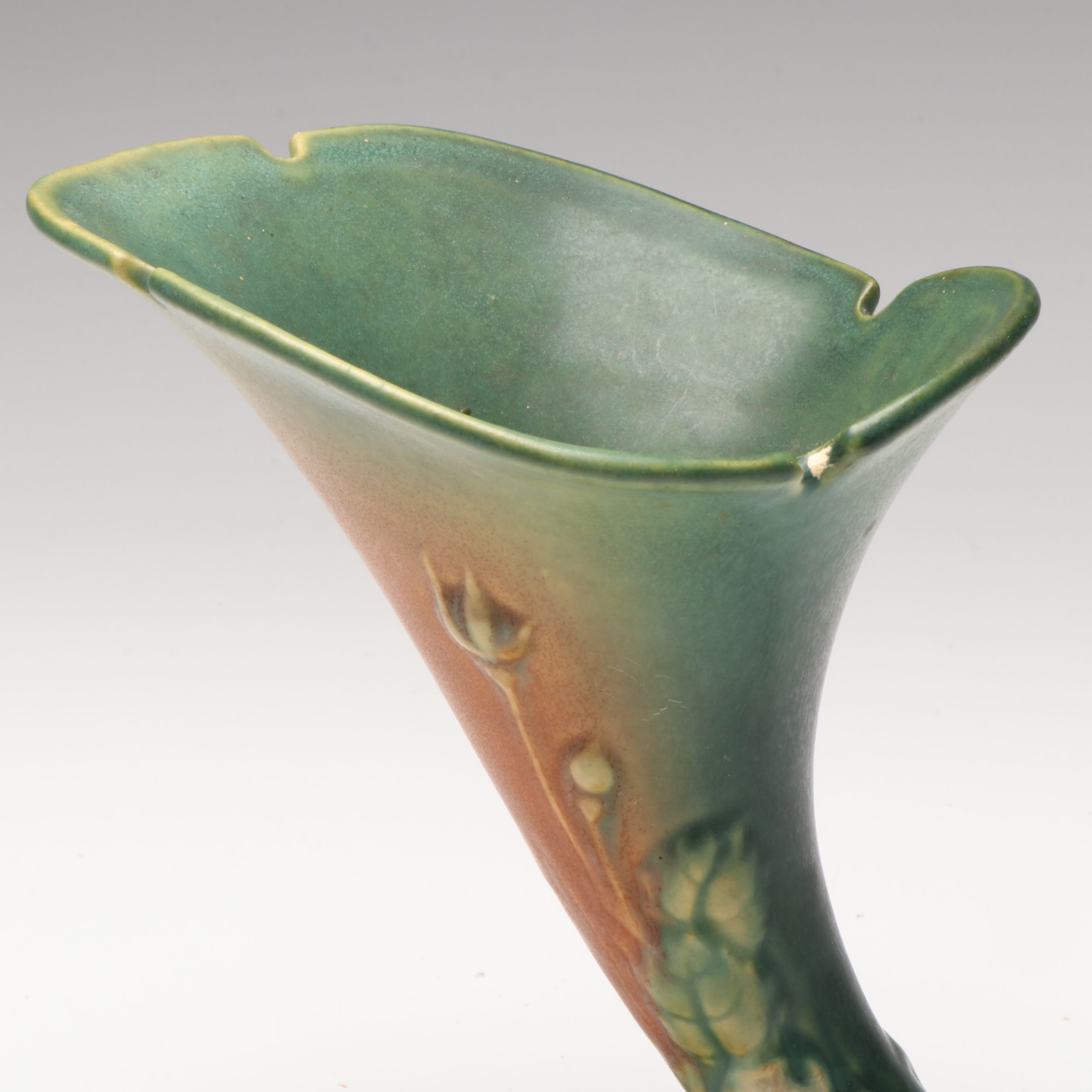 Roseville Pottery White Rose Cornucopia Ceramic Vase