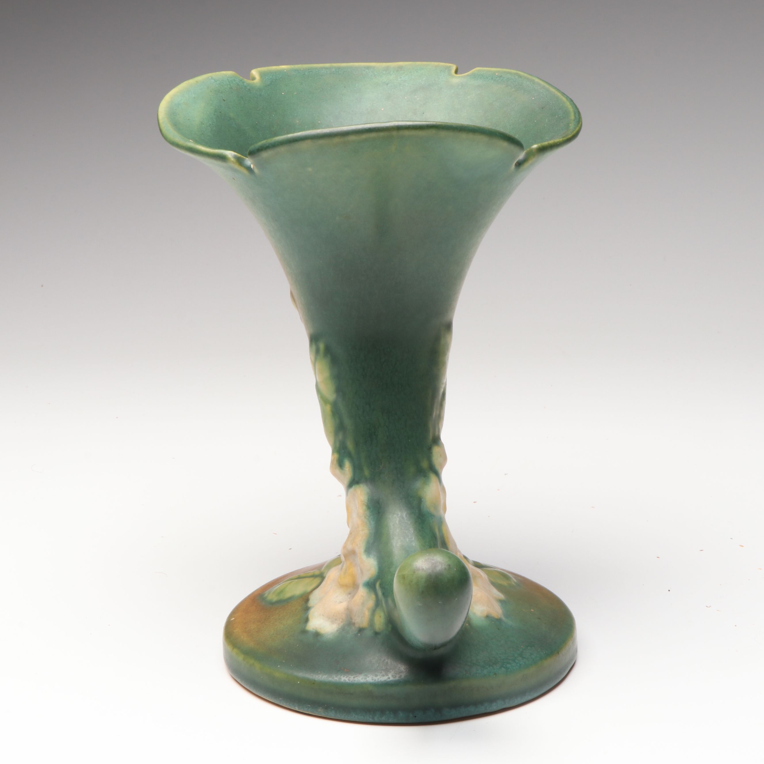 Roseville Pottery White Rose Cornucopia Ceramic Vase