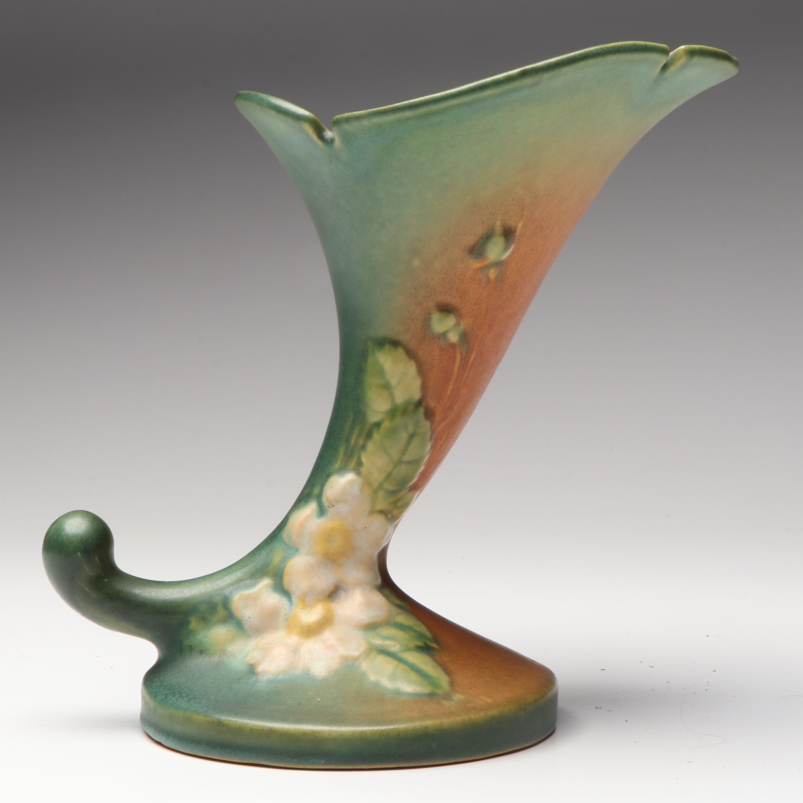 Roseville Pottery White Rose Cornucopia Ceramic Vase