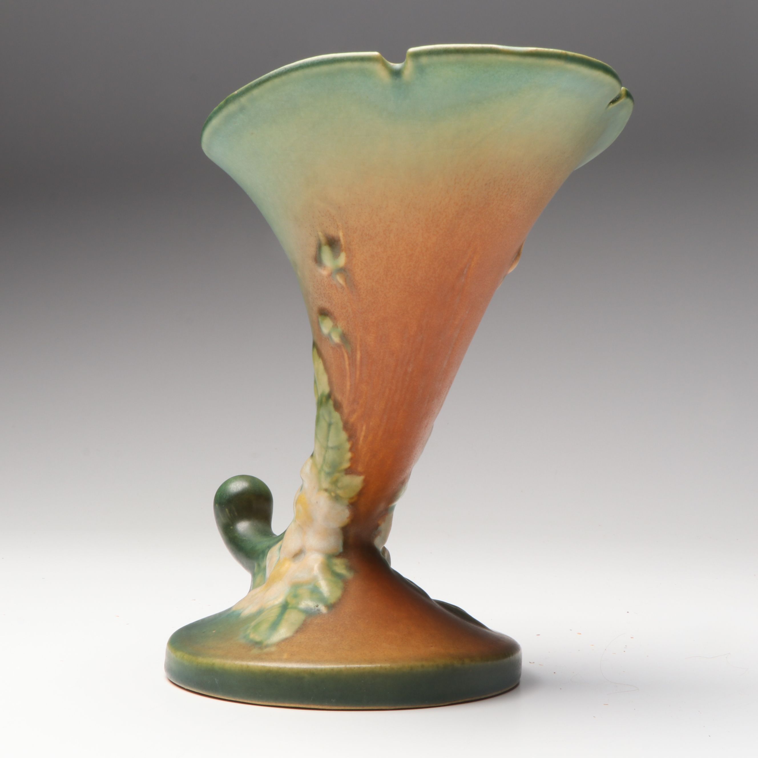 Roseville Pottery White Rose Cornucopia Ceramic Vase