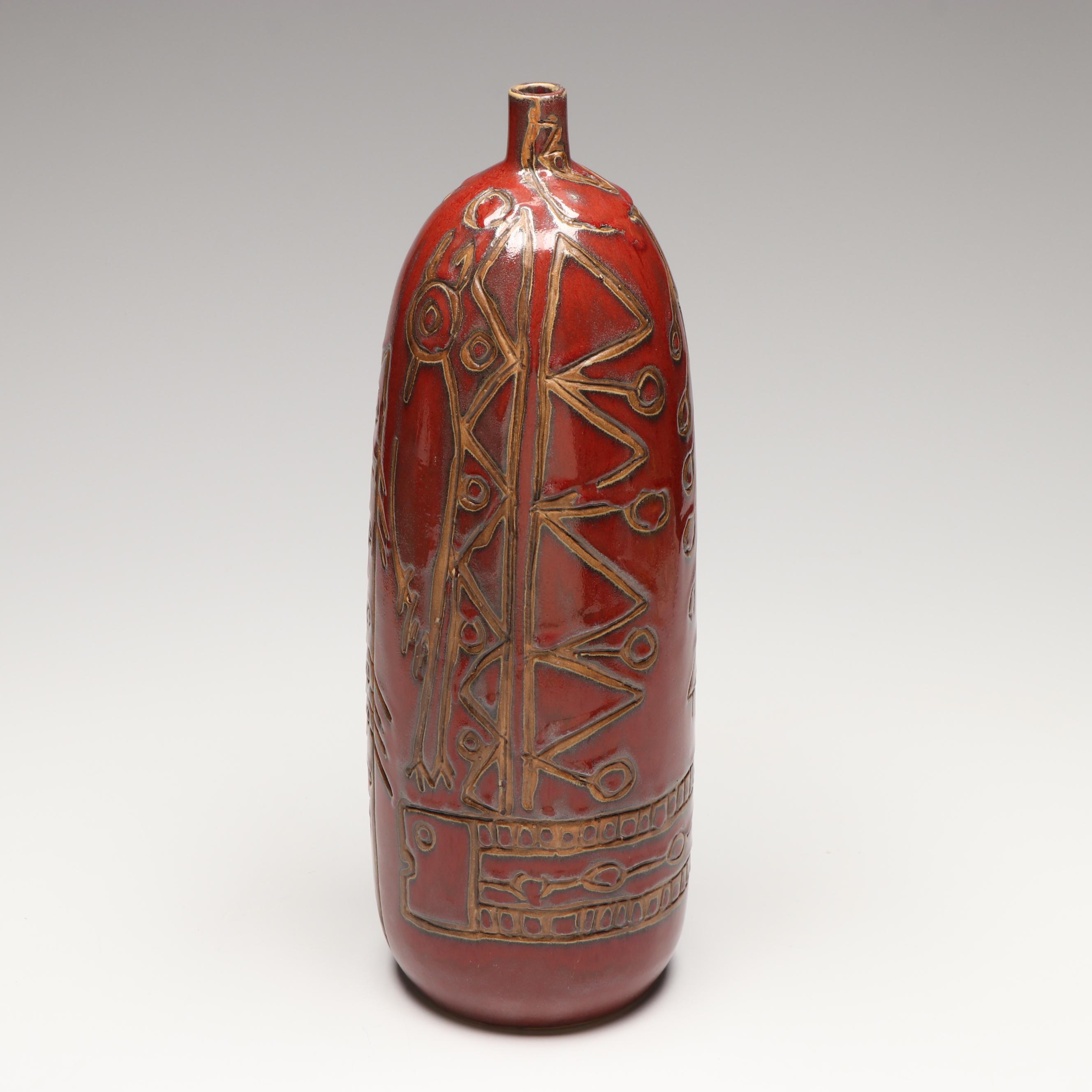 Sgraffito Red Glaze Ceramic Vase