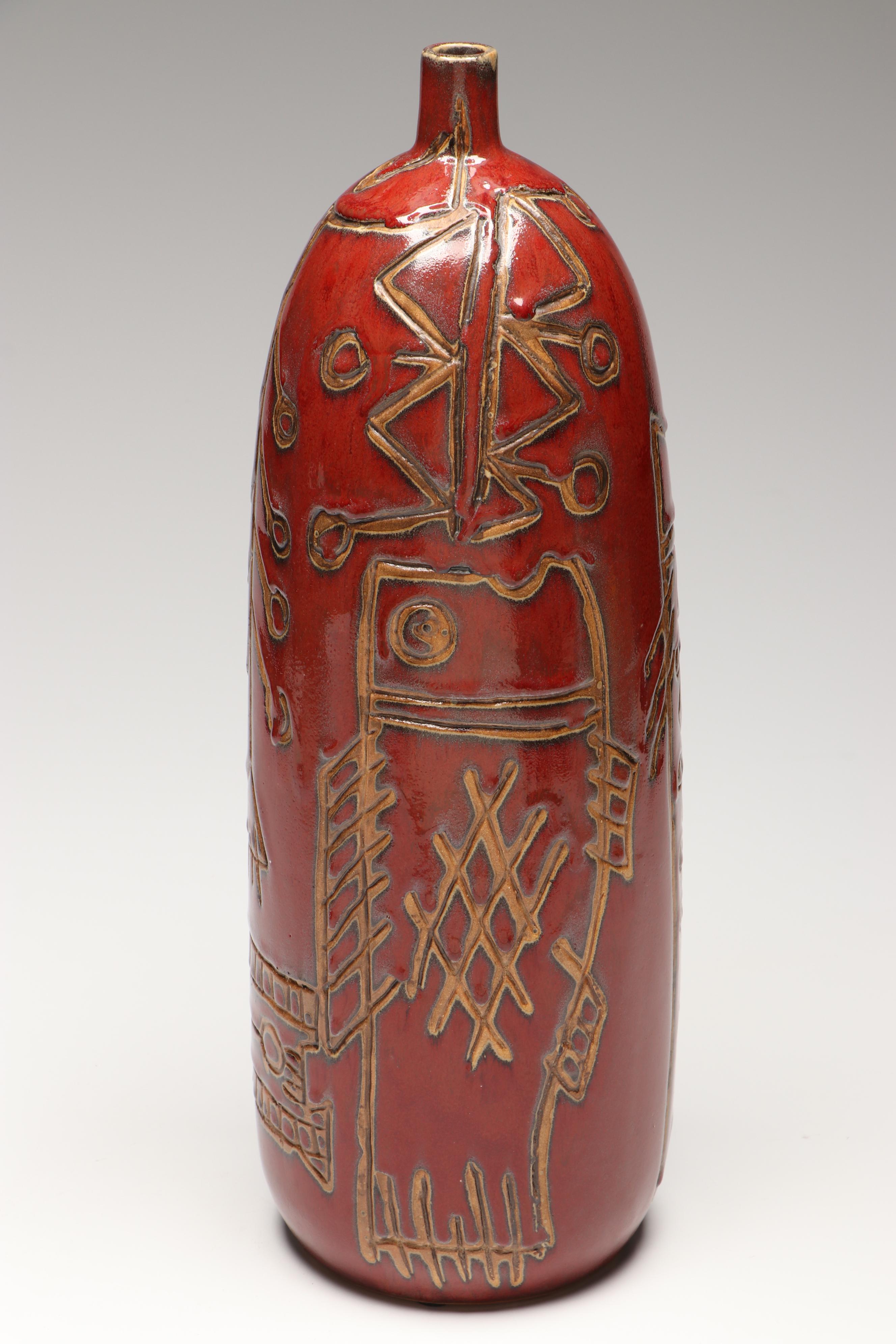 Sgraffito Red Glaze Ceramic Vase