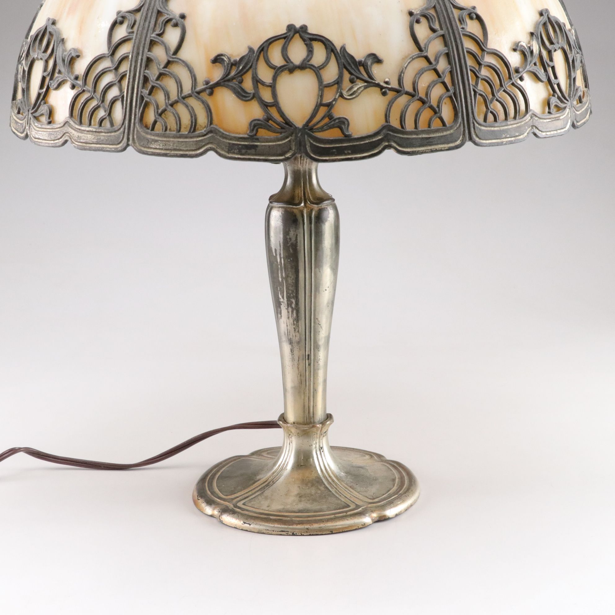Arts and Crafts Style Lamp with Bent Panel Slag Glass and Filigree Overlay Shade
