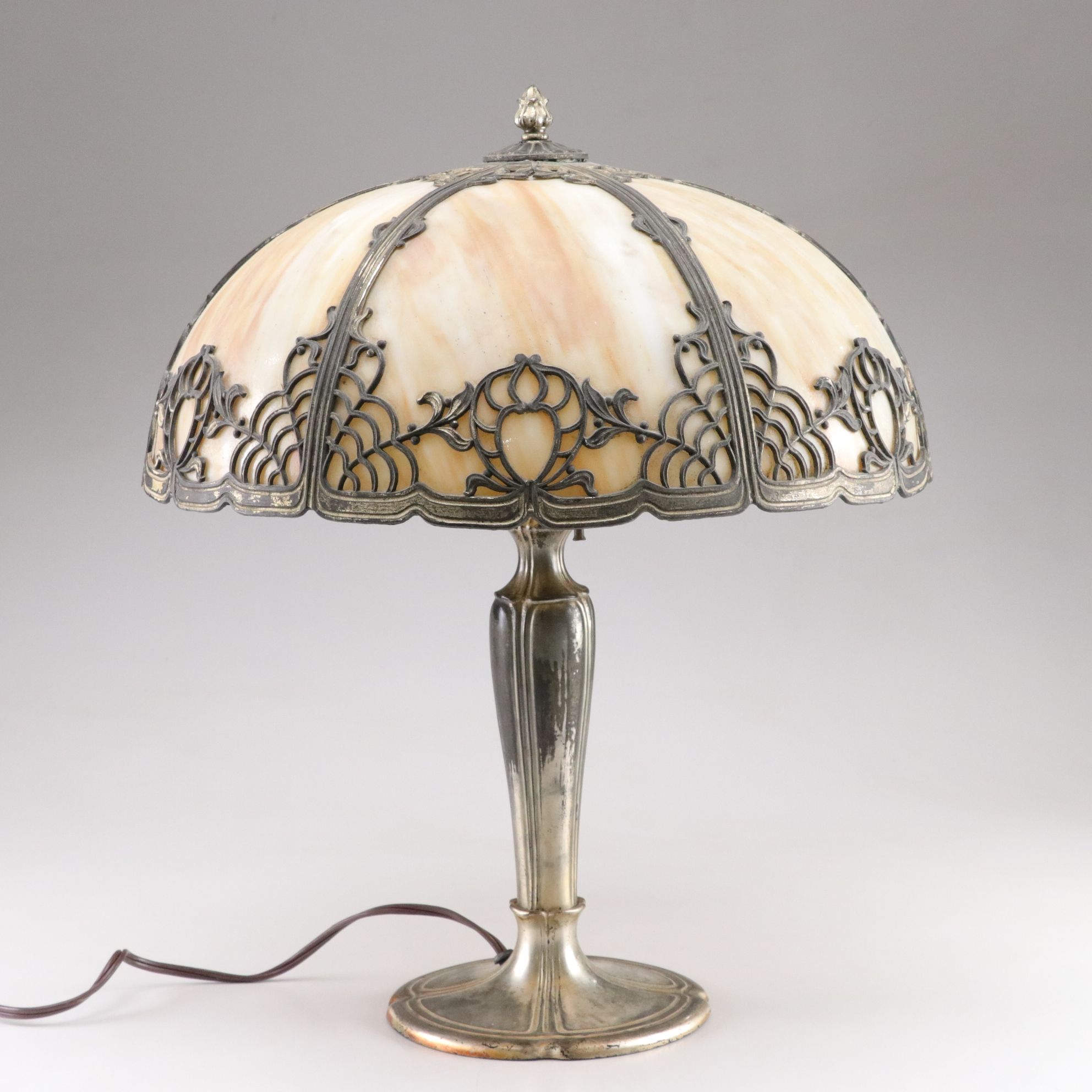 Arts and Crafts Style Lamp with Bent Panel Slag Glass and Filigree Overlay Shade