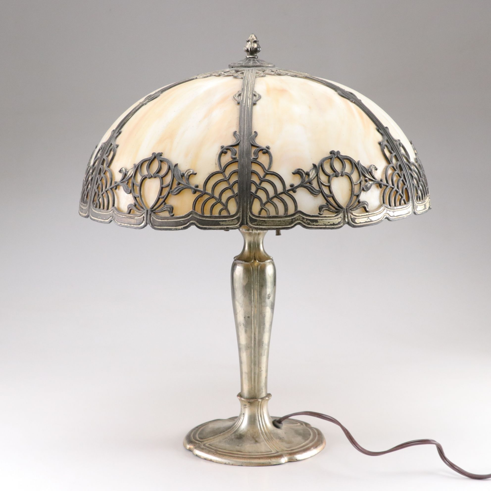 Arts and Crafts Style Lamp with Bent Panel Slag Glass and Filigree Overlay Shade