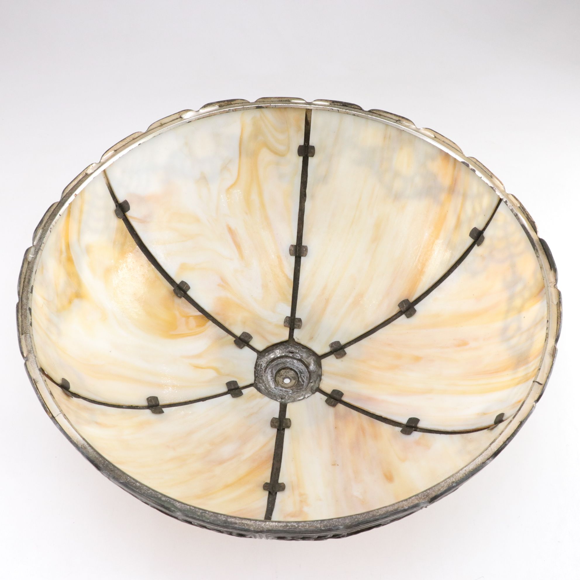 Arts and Crafts Style Lamp with Bent Panel Slag Glass and Filigree Overlay Shade