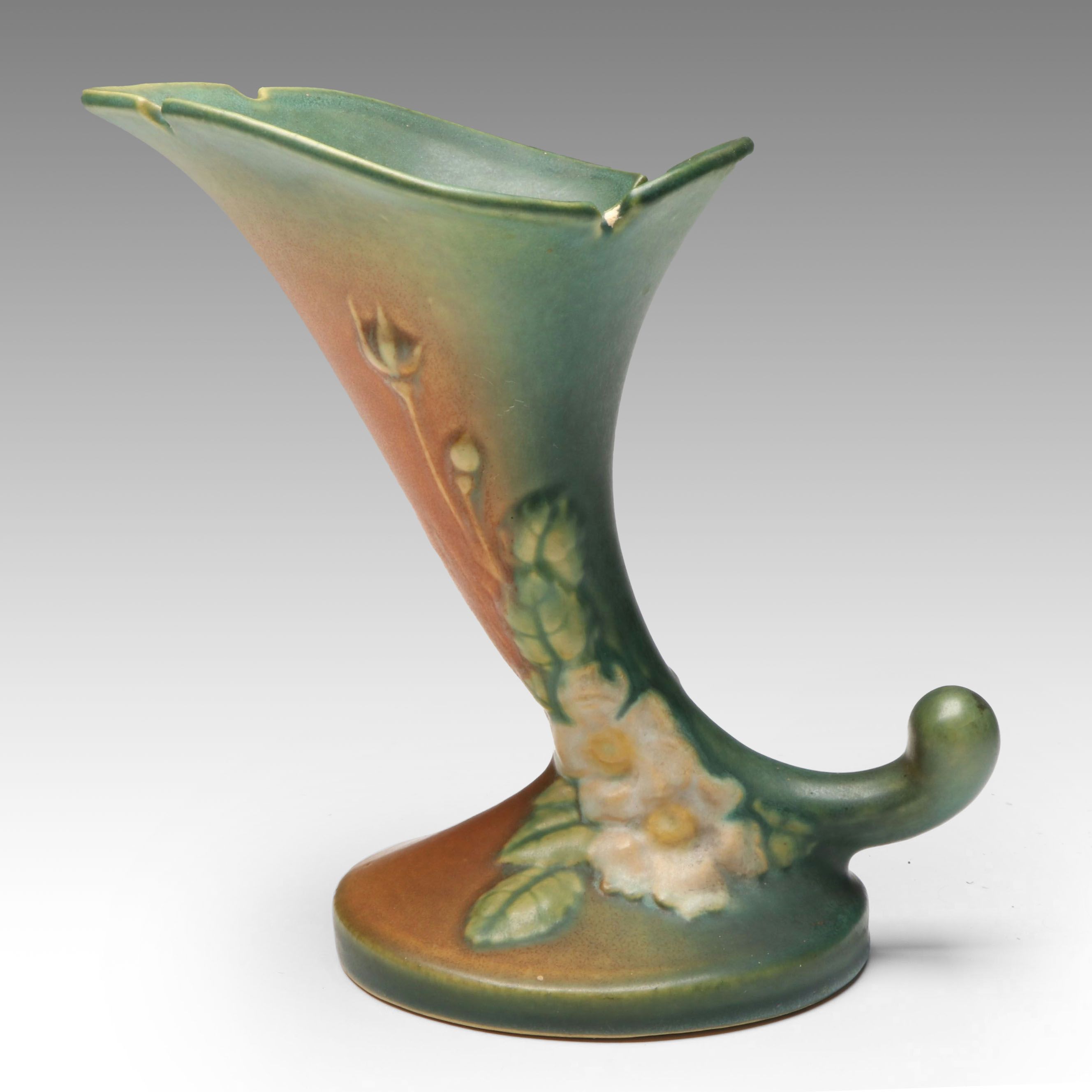 Roseville Pottery White Rose Cornucopia Ceramic Vase