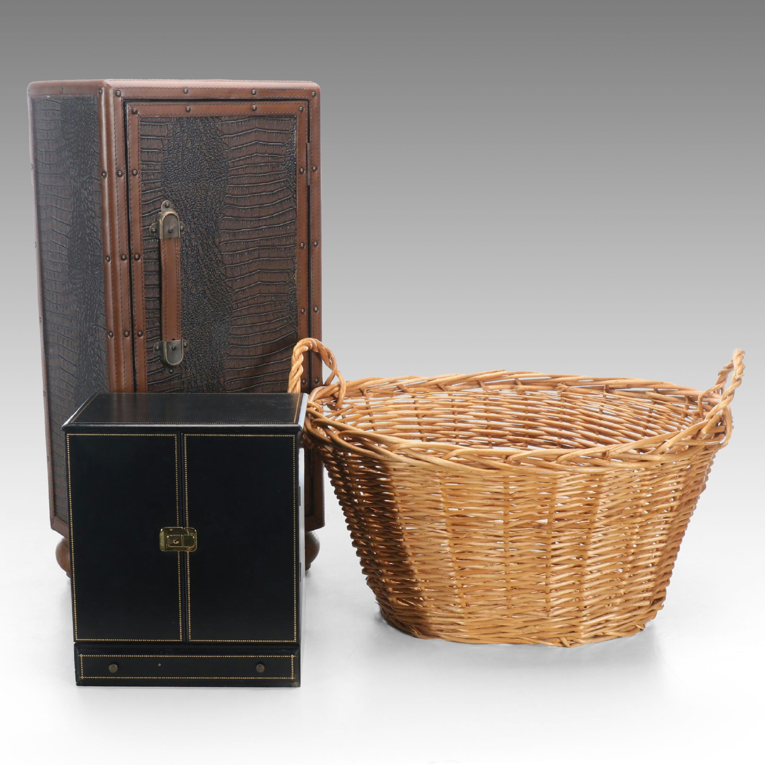 Alligator Leather Shelved Storage Box with Jewelry Box and Woven Wicker Basket