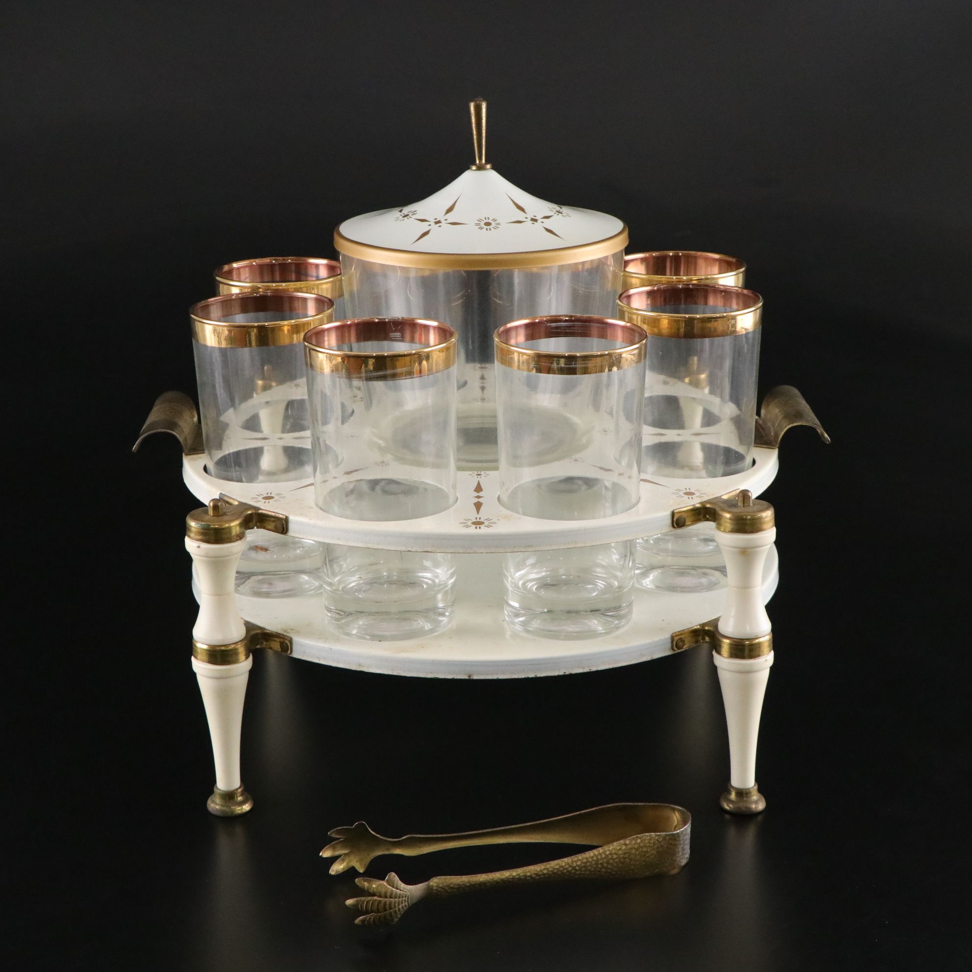 Mid Century Modern Gilt Bar Caddy with Ice Bucket and Tongs