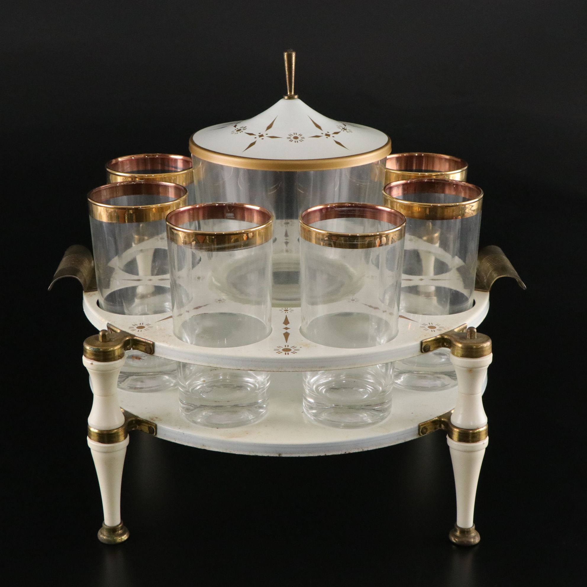 Mid Century Modern Gilt Bar Caddy with Ice Bucket and Tongs