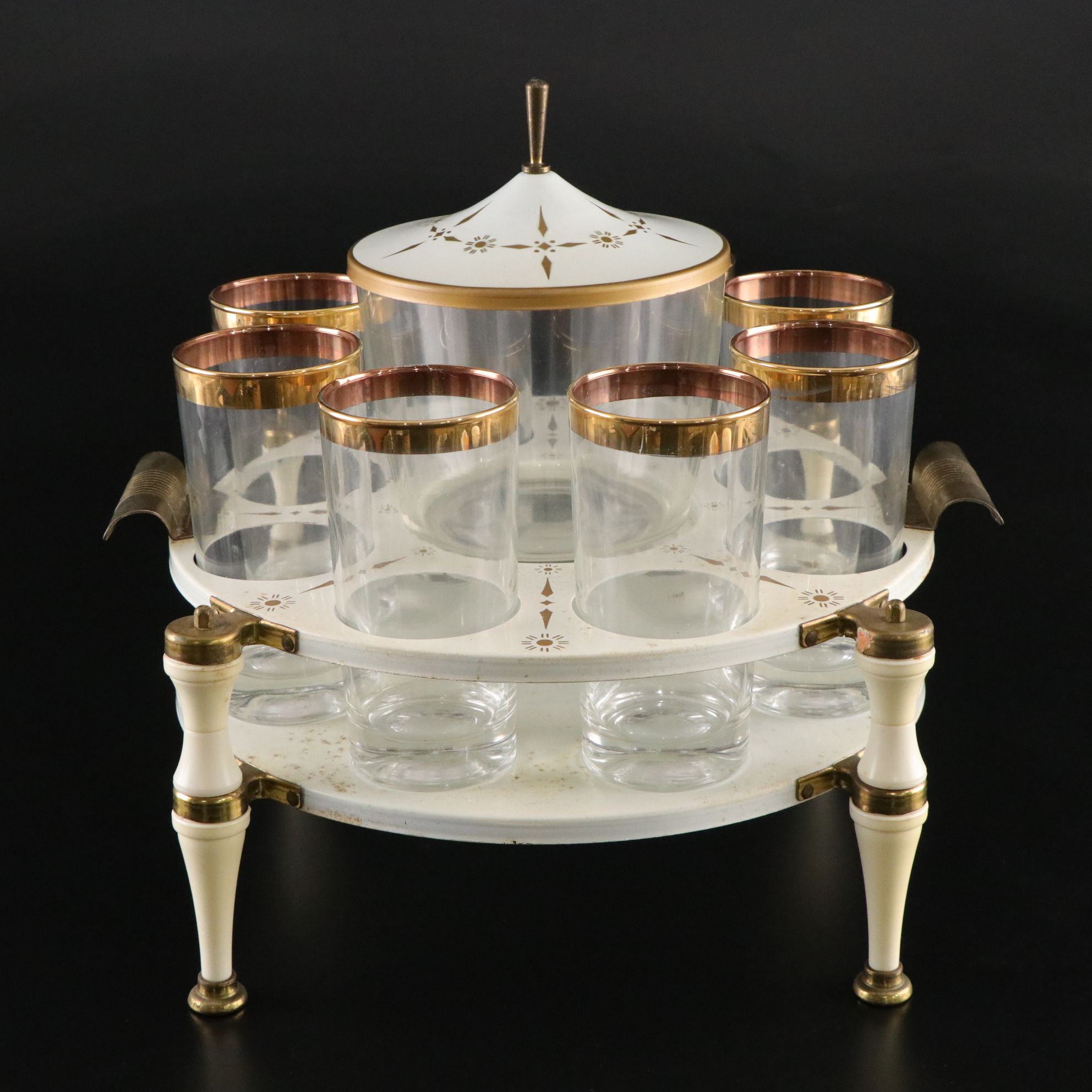 Mid Century Modern Gilt Bar Caddy with Ice Bucket and Tongs