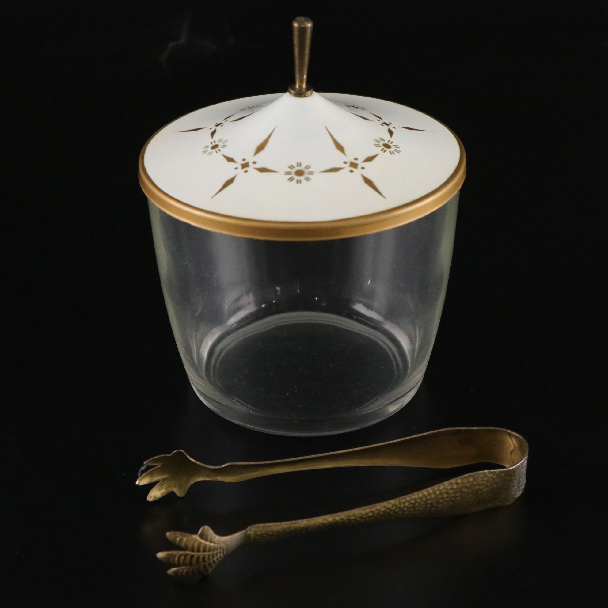 Mid Century Modern Gilt Bar Caddy with Ice Bucket and Tongs