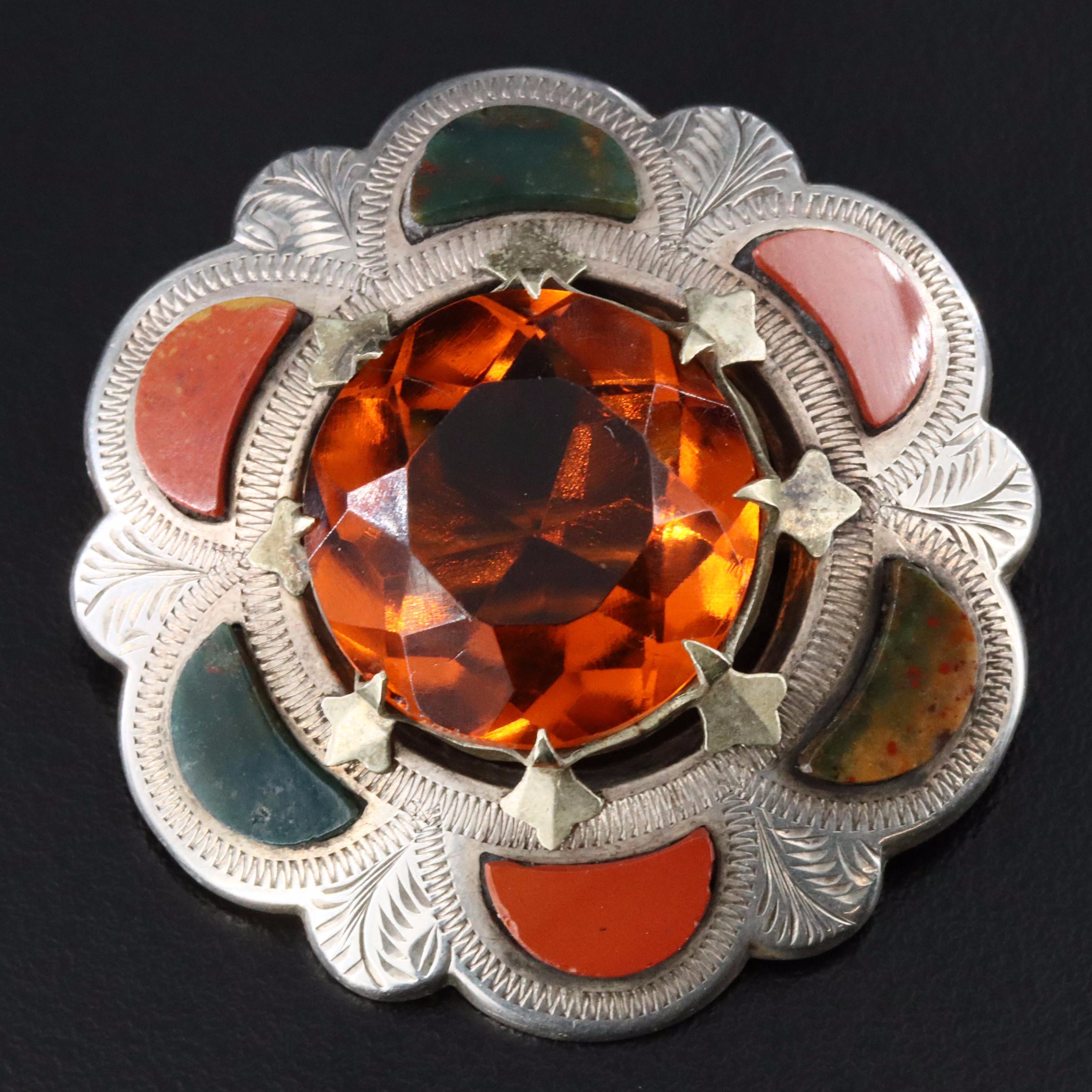 Mid Victorian 800 Silver Scottish Shield Brooch with Glass Jasper and Bloodstone