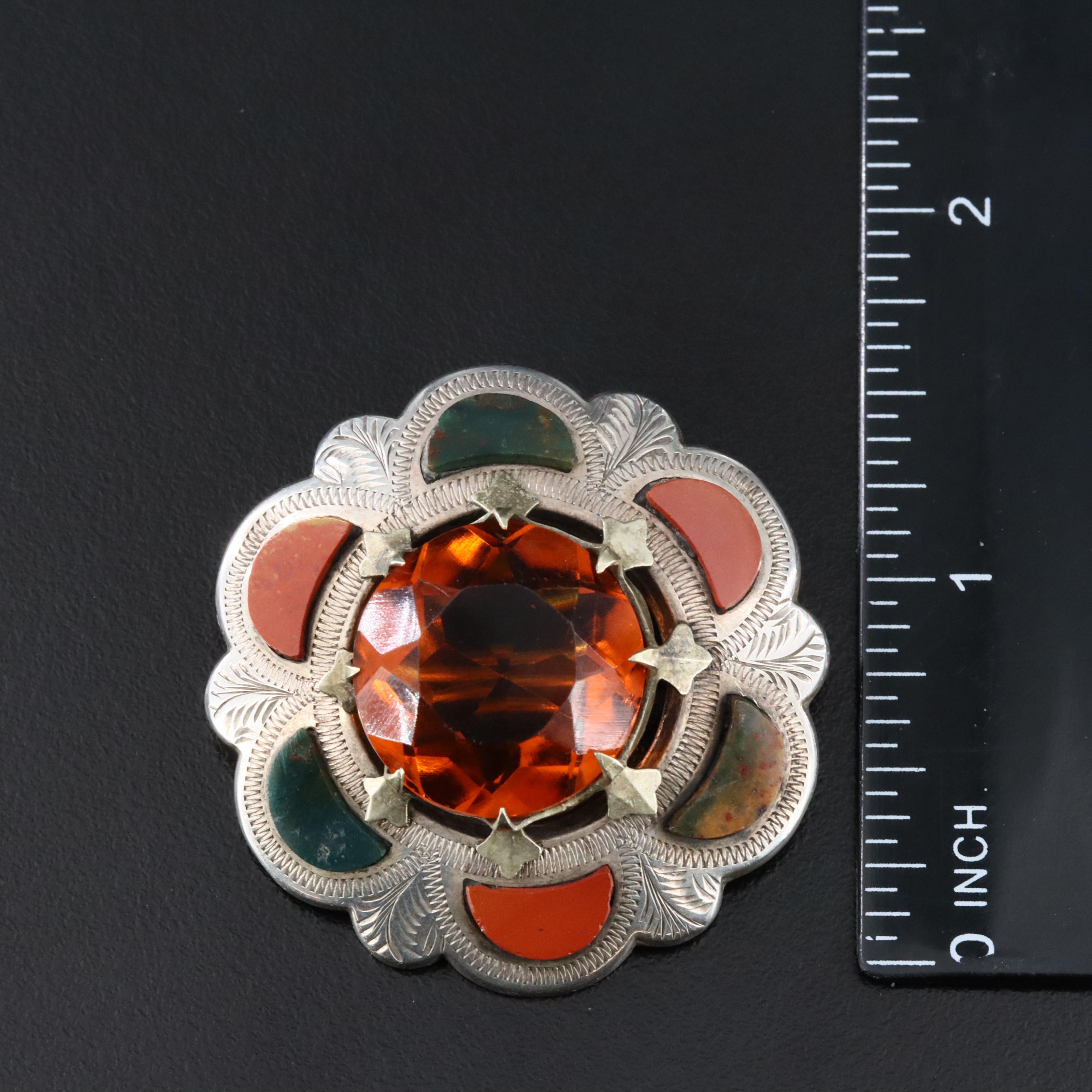 Mid Victorian 800 Silver Scottish Shield Brooch with Glass Jasper and Bloodstone