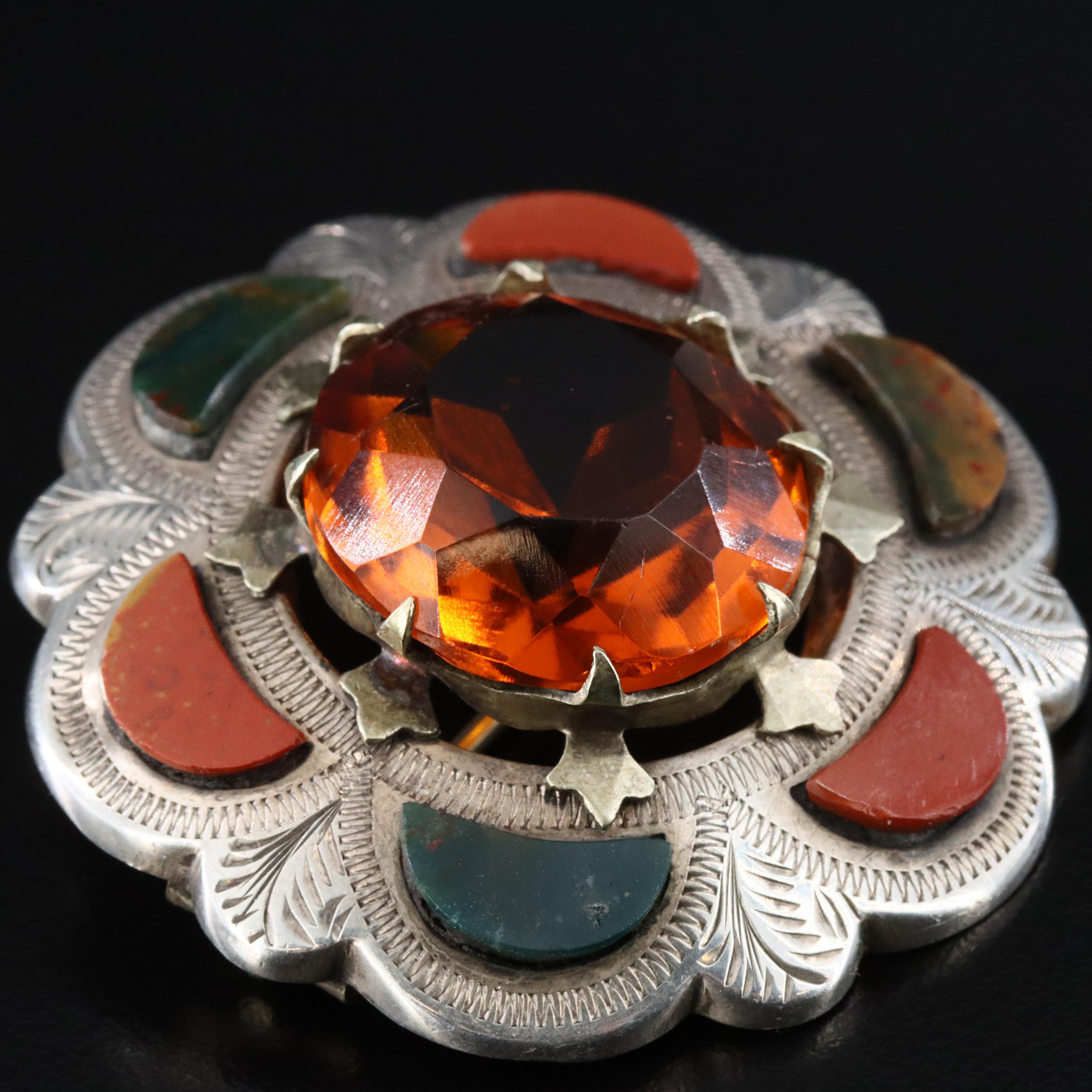 Mid Victorian 800 Silver Scottish Shield Brooch with Glass Jasper and Bloodstone