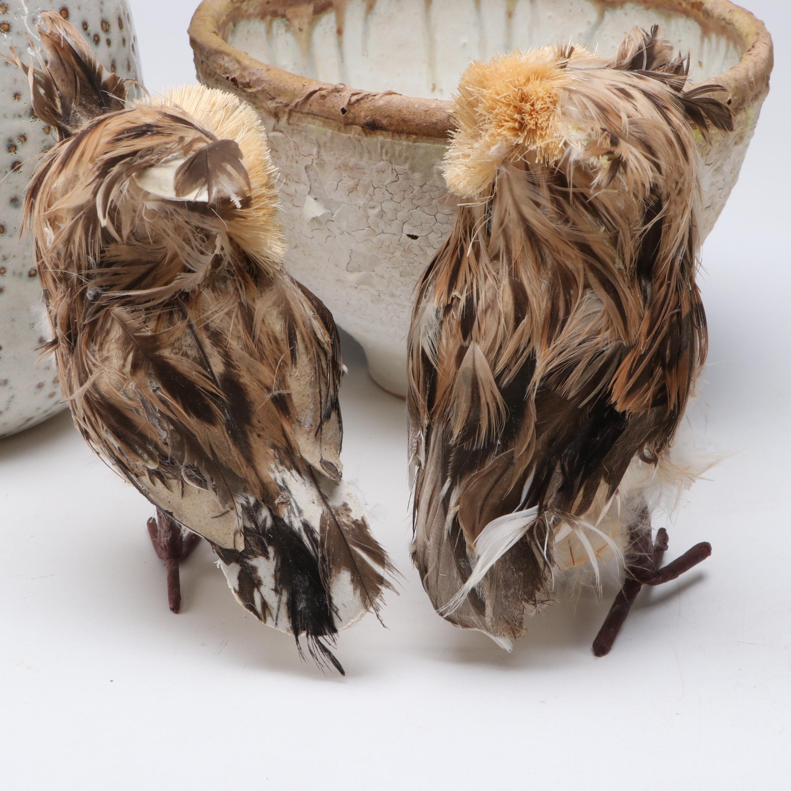Rustic Japanese Style Vase and Bowl with French Quimper Teacup Set and Owls