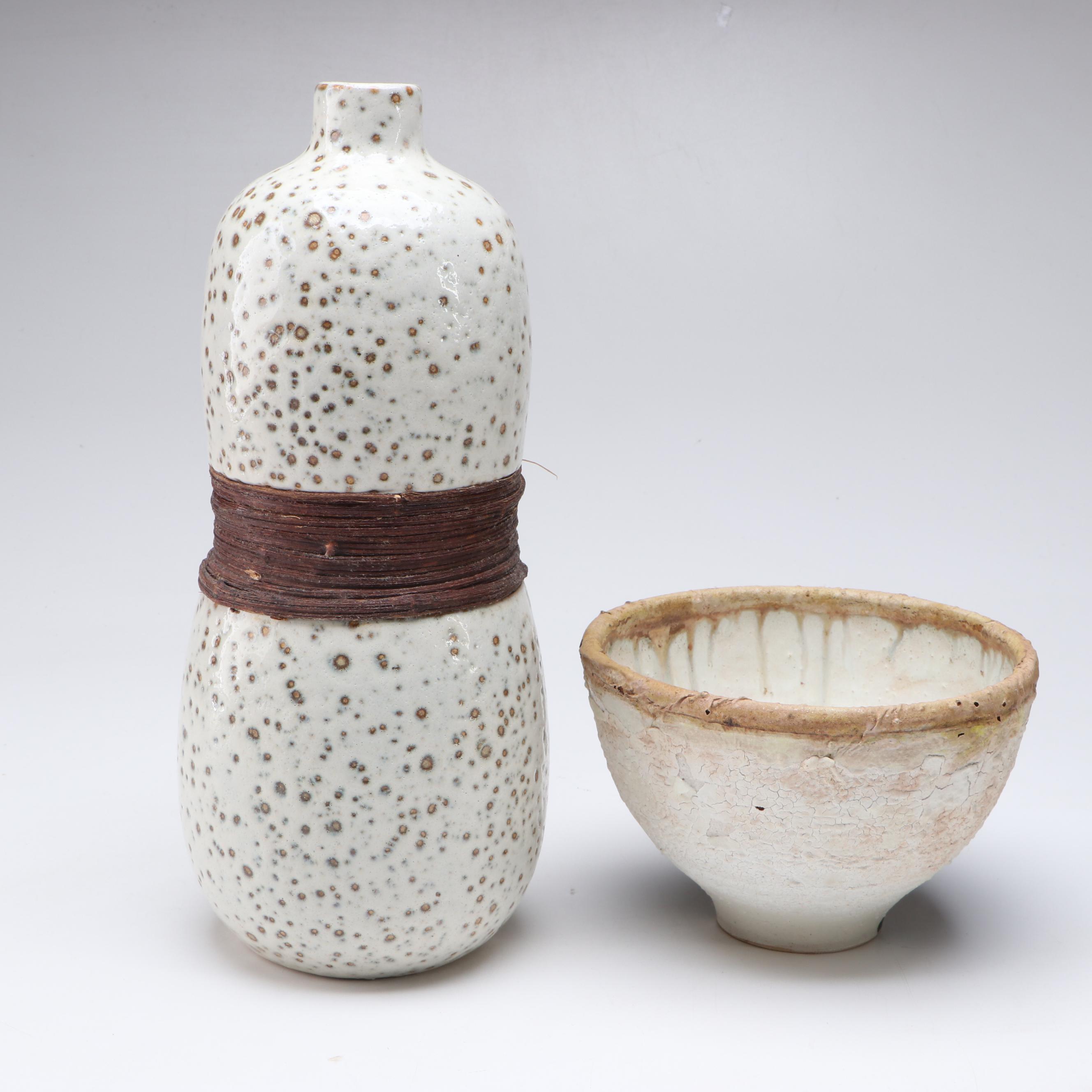 Rustic Japanese Style Vase and Bowl with French Quimper Teacup Set and Owls