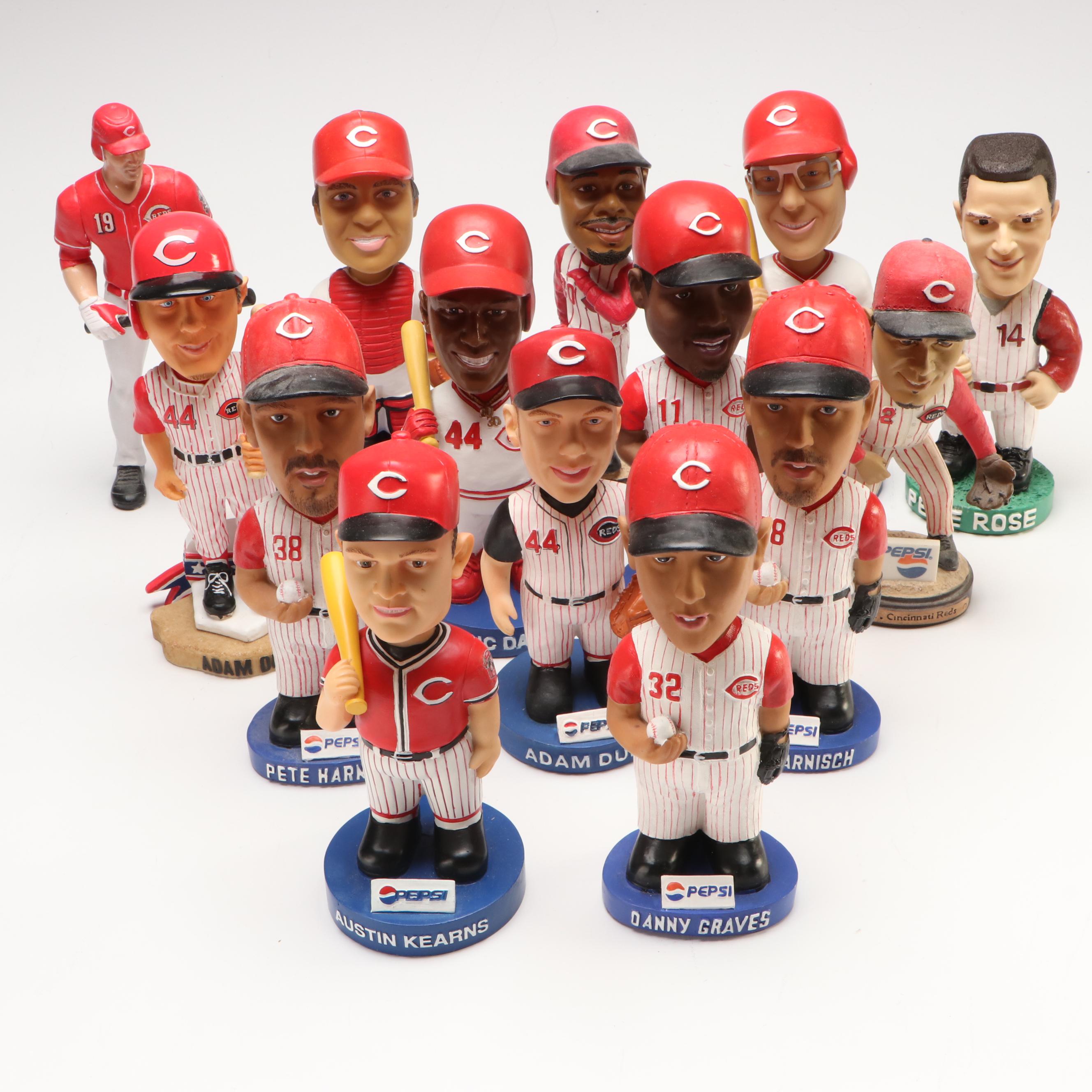 Signed Johnny Bench with Other Cincinnati Reds Bobbleheads and Figurine