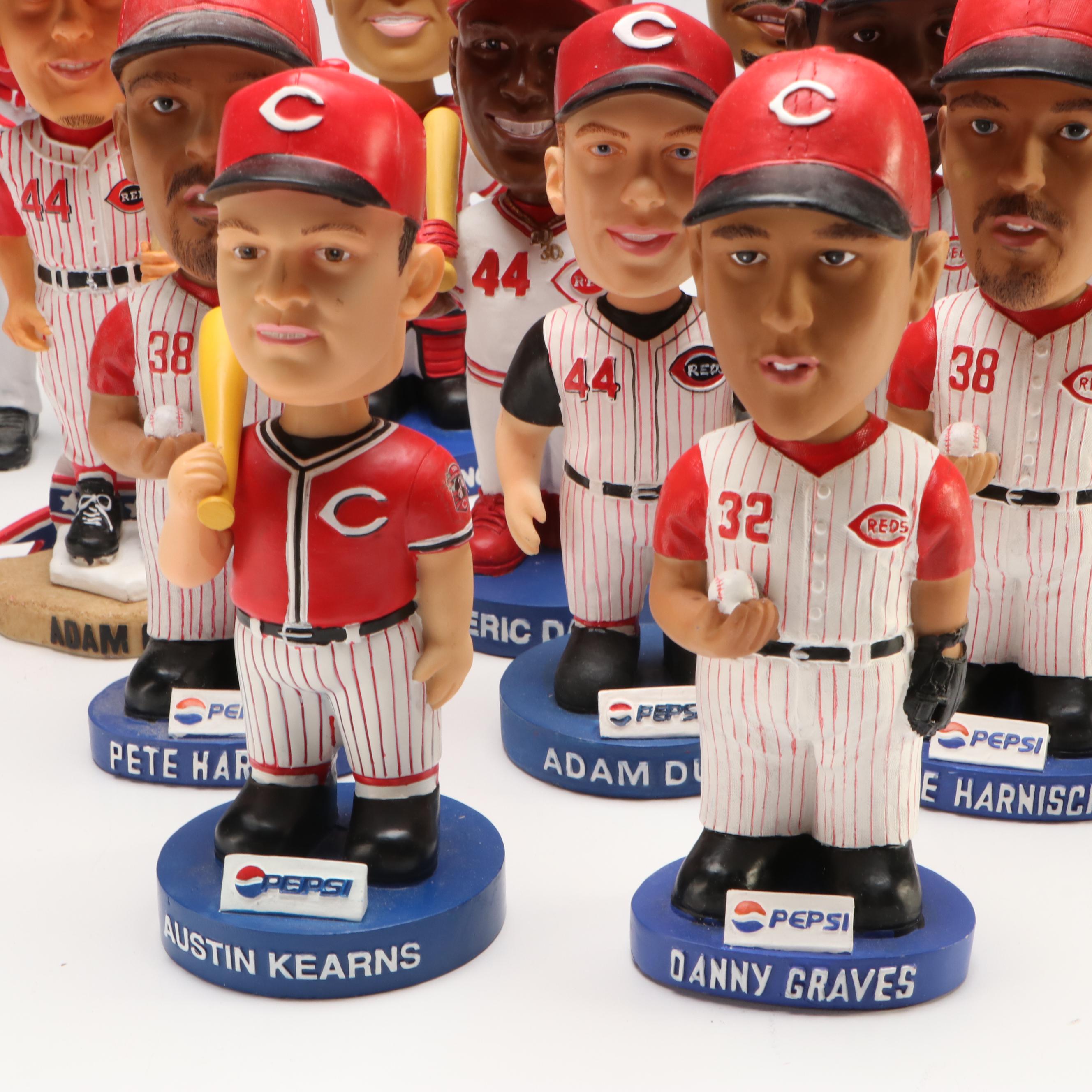 Signed Johnny Bench with Other Cincinnati Reds Bobbleheads and Figurine