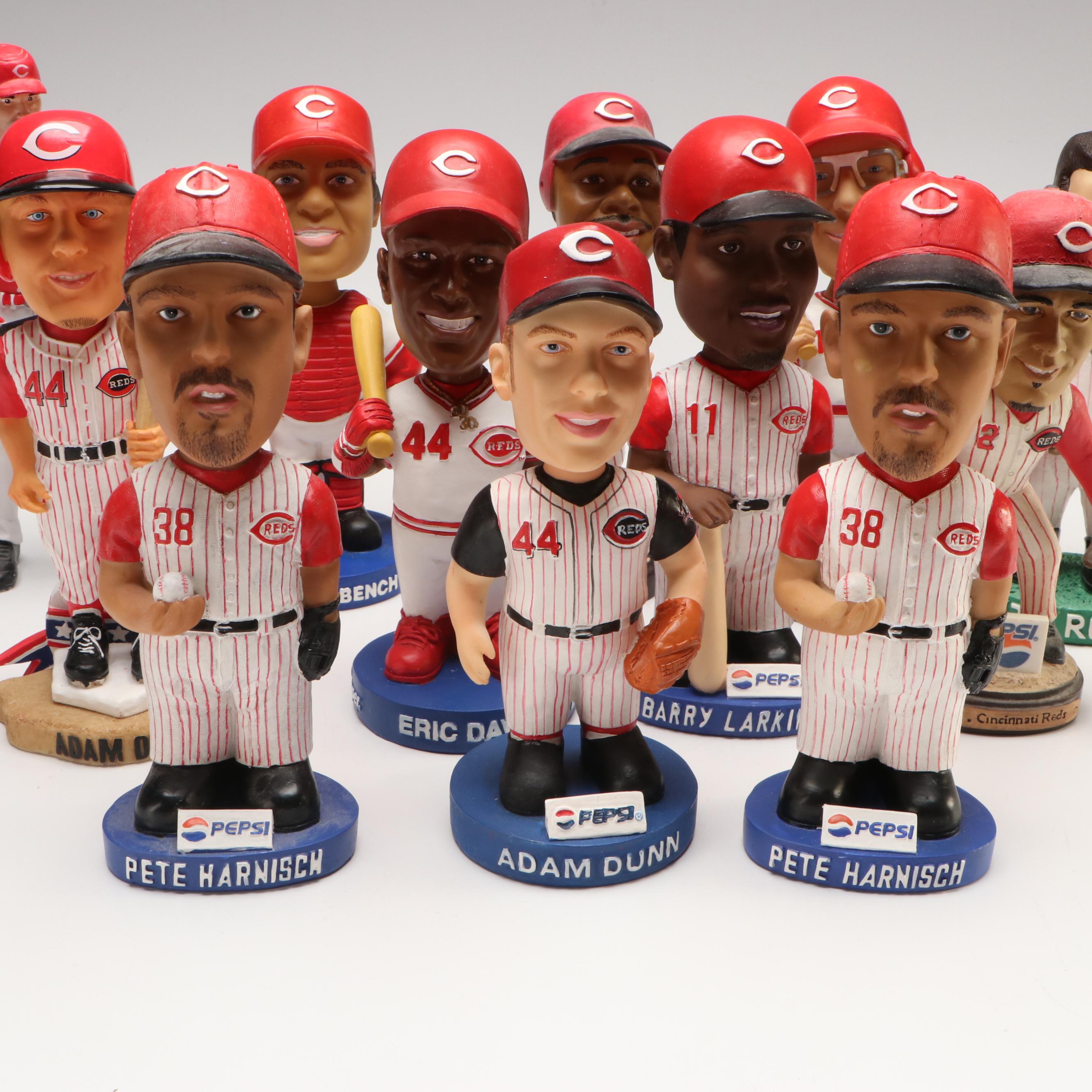 Signed Johnny Bench with Other Cincinnati Reds Bobbleheads and Figurine