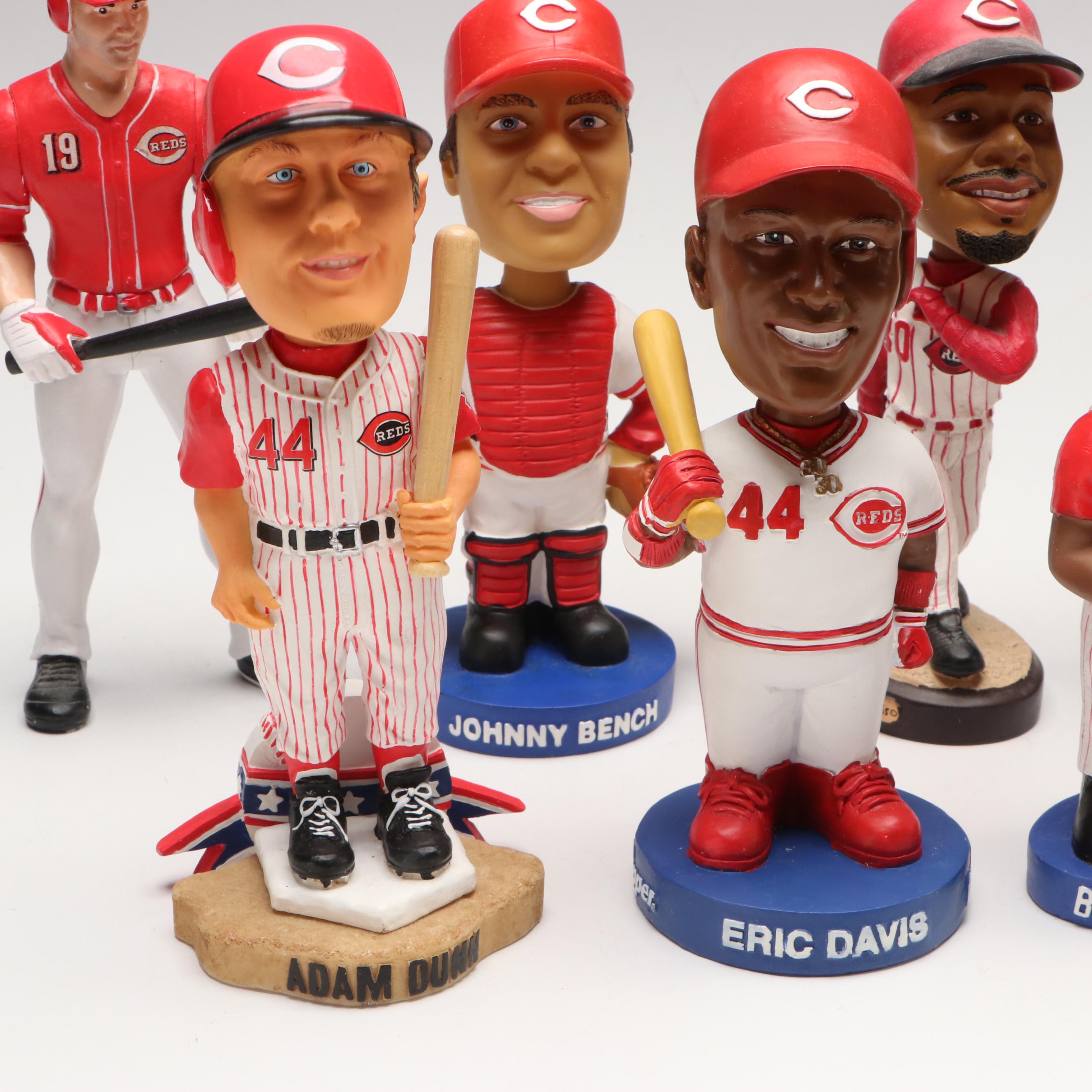 Signed Johnny Bench with Other Cincinnati Reds Bobbleheads and Figurine