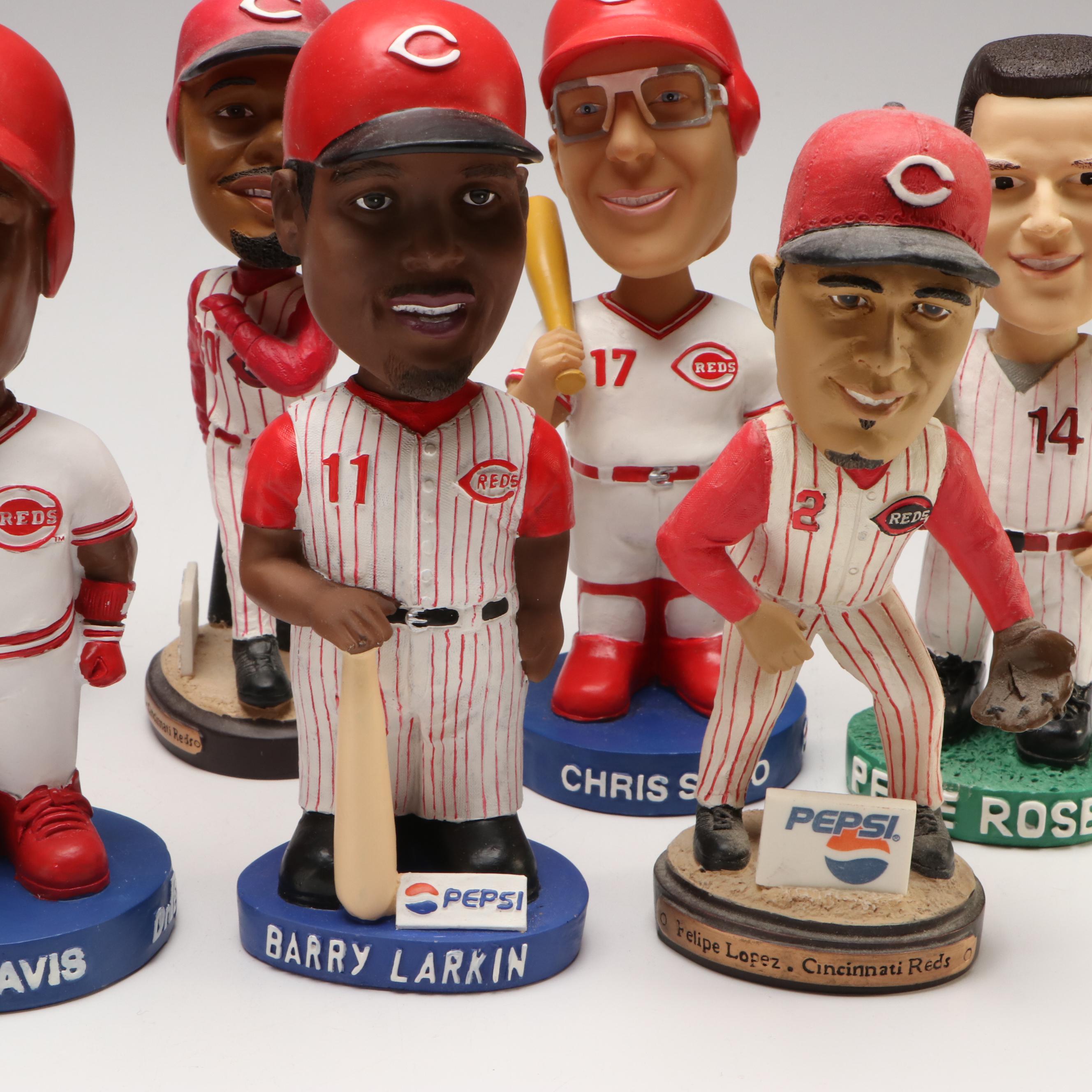 Signed Johnny Bench with Other Cincinnati Reds Bobbleheads and Figurine